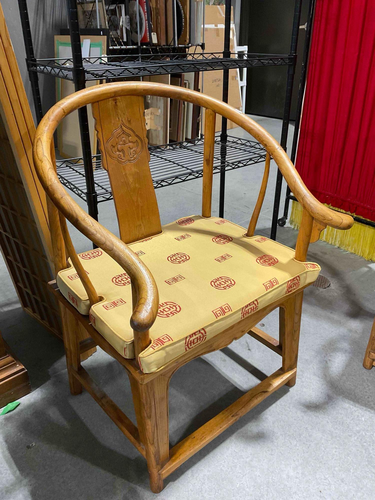 Vintage Lovely Asian Style Elm Wood Horseshoe Chair w/ Yellow Cushion. Good Condition. - 2