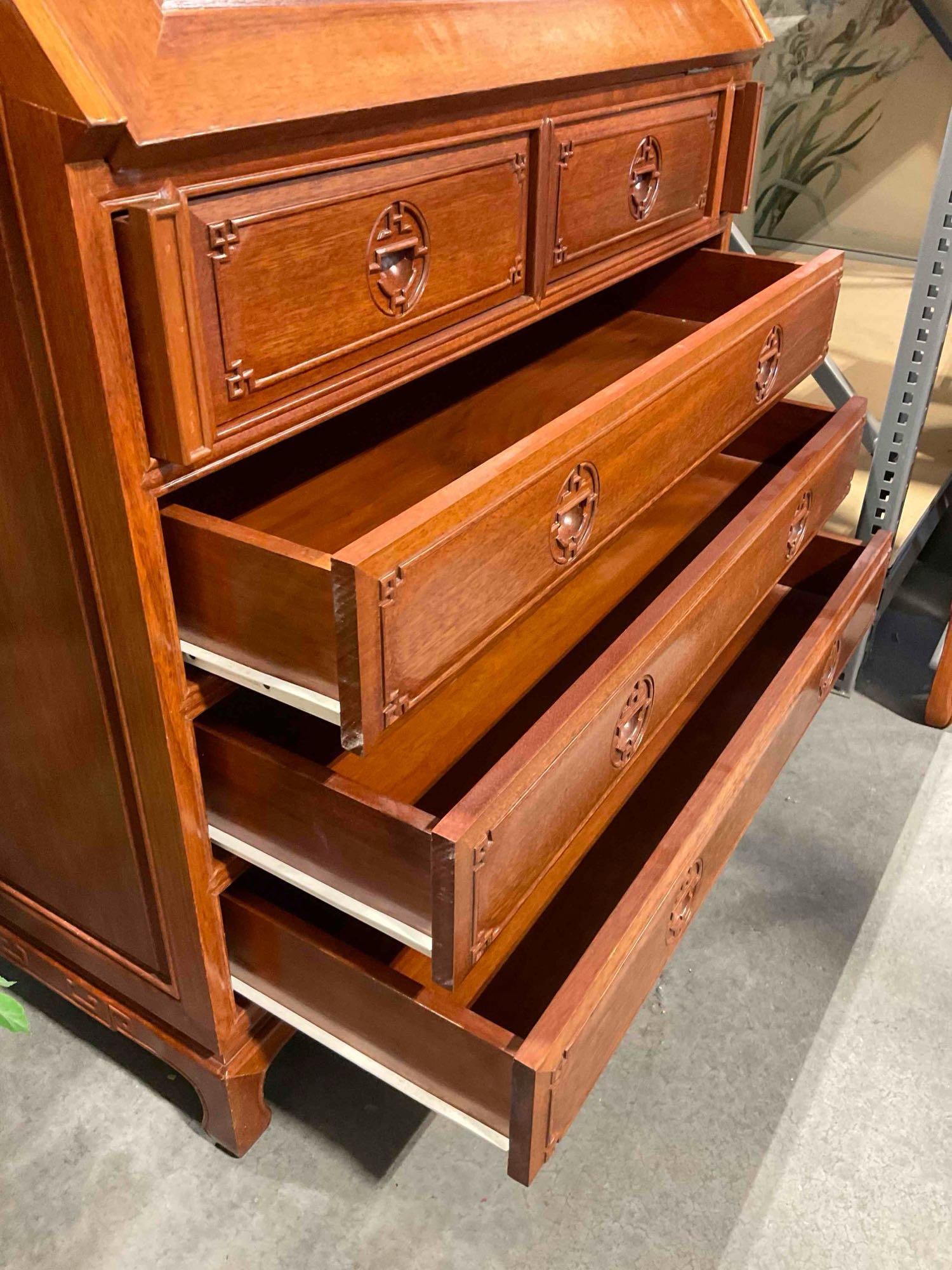 Vintage Asian Style Carved Rosewood Slant Top Secretary Desk w/ 6 Drawers. Fair Condition. - 7