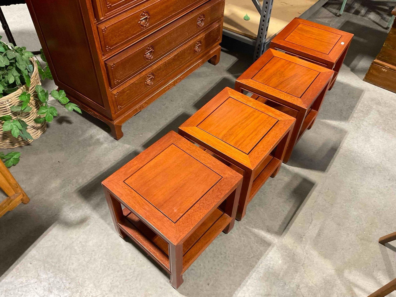 4 pcs Asian Style 2-Tier Rosewood Low Side Tables. Good Condition. Measures 13" x 13" x 14" - 2