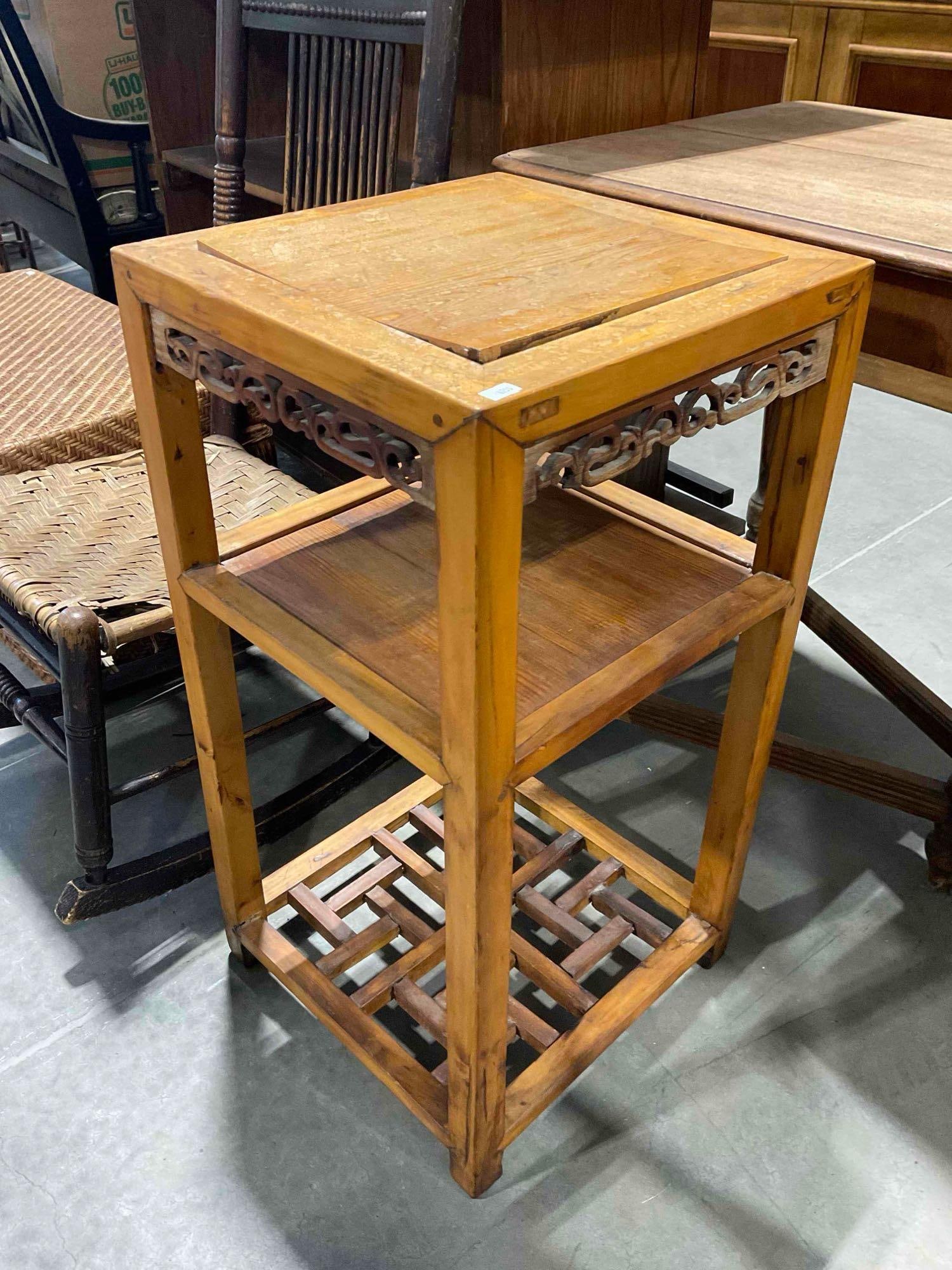 Vintage Elm? Wood Asian Style Carved Side Table w/ 3 Tiers. Fair Condition. See pics. - 2