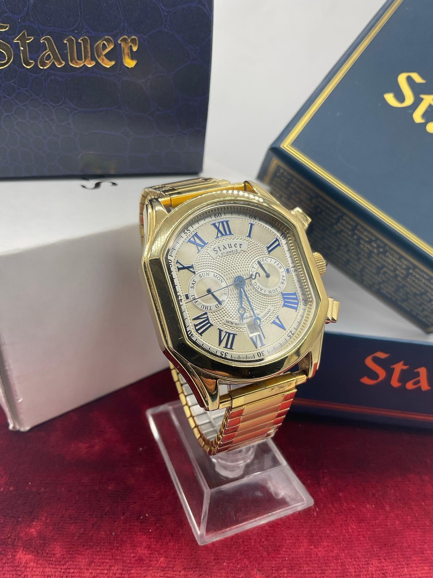 Men's gold tone Stauer 27 Jewels skeleton back wristwatch with case 20319 - 2