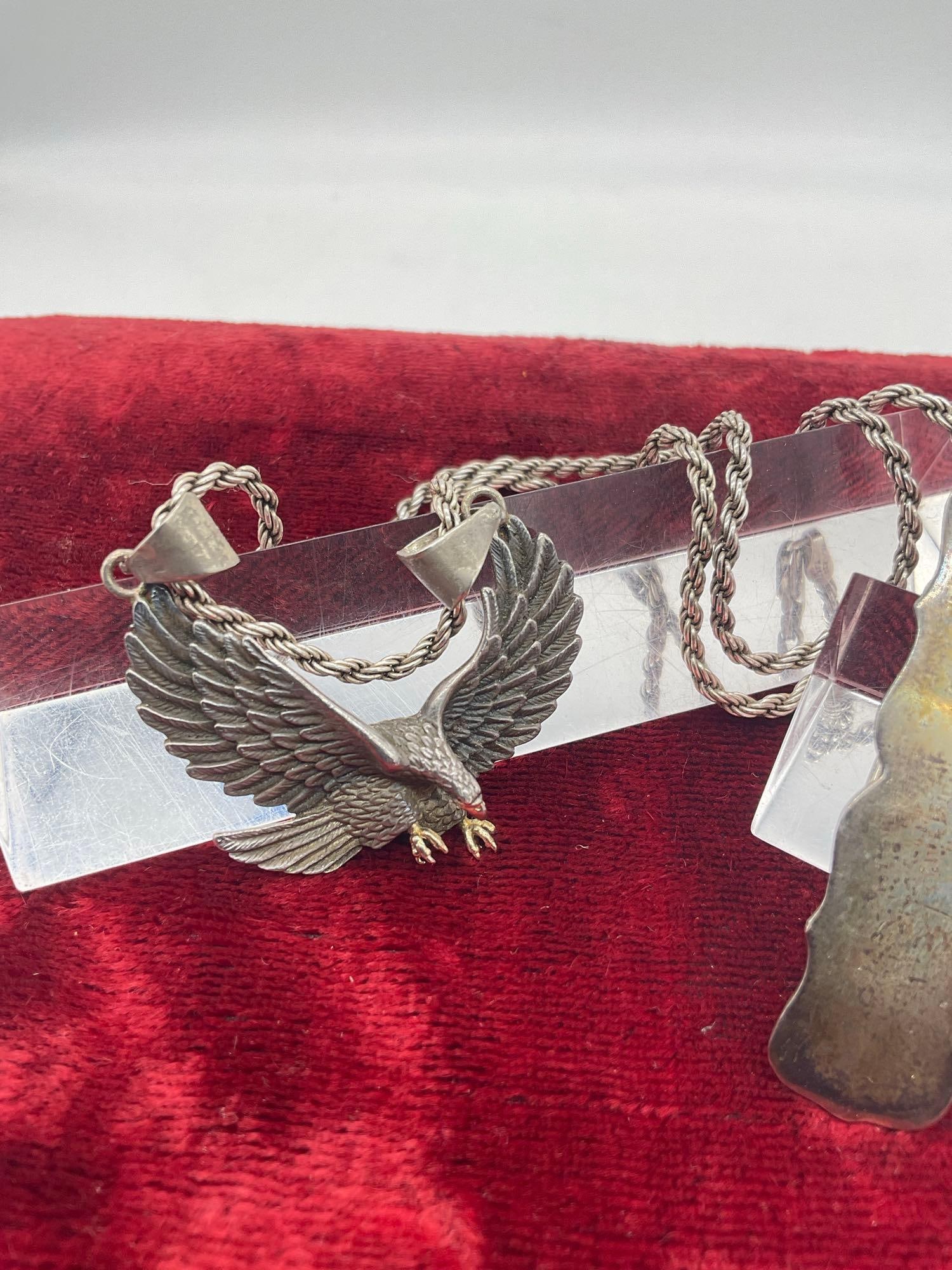 Vintage sterling silver eagle pendant on sterling chain w/ 2x matching sterling berets - 2