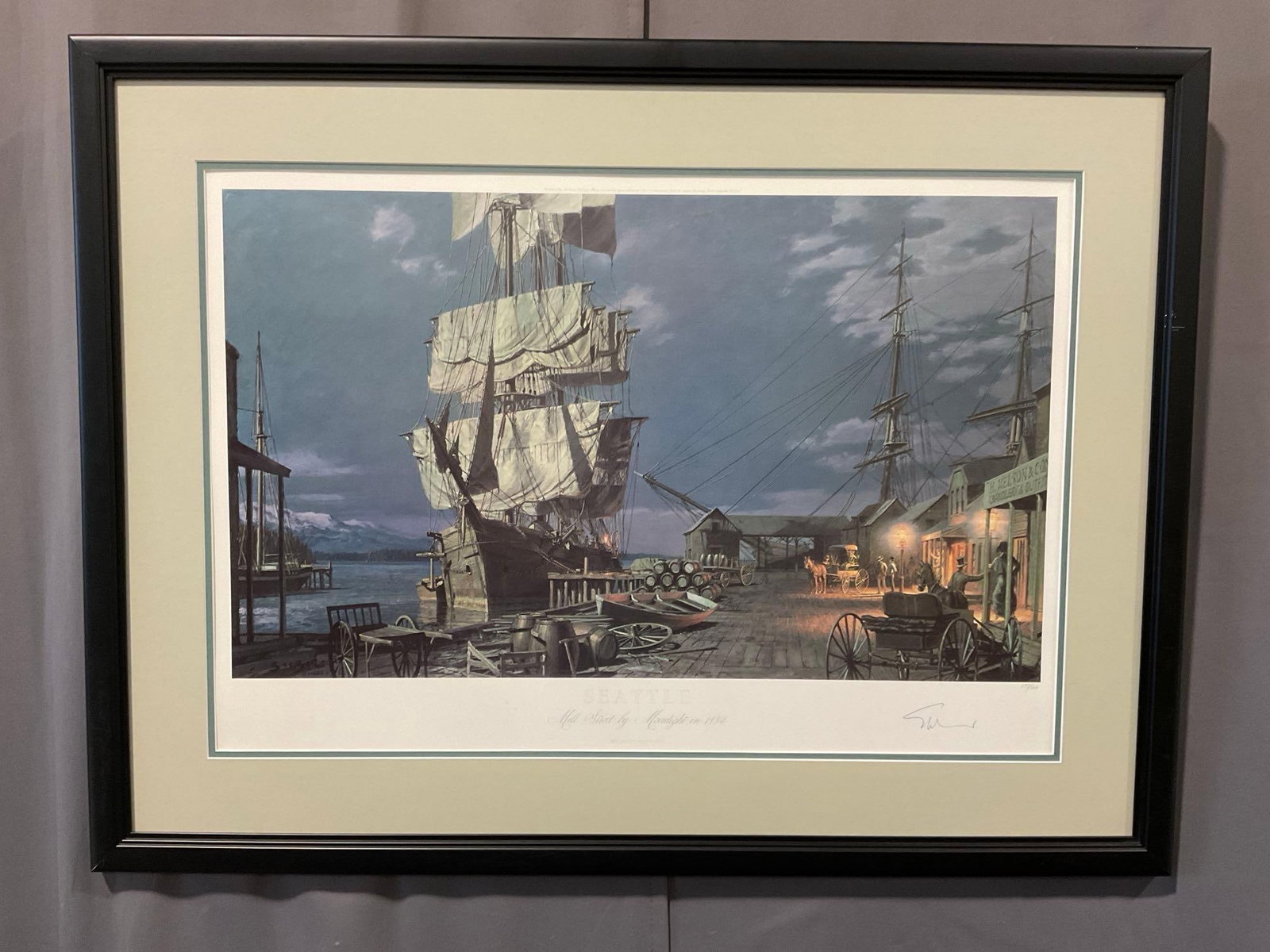 Framed Signed & #d 178/500 Seattle Mill Street by Moonlight in 1884, by John Stobart, 28x37 inch - 2