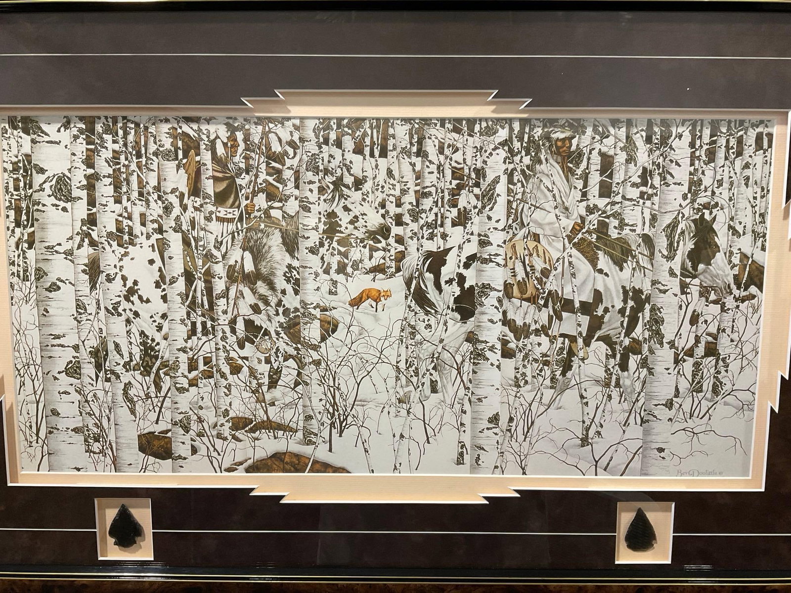 Framed Lithograph, Woodland Encounter by Bev Doolittle, 22x34 inches, w/obsidian arrowheads - 2