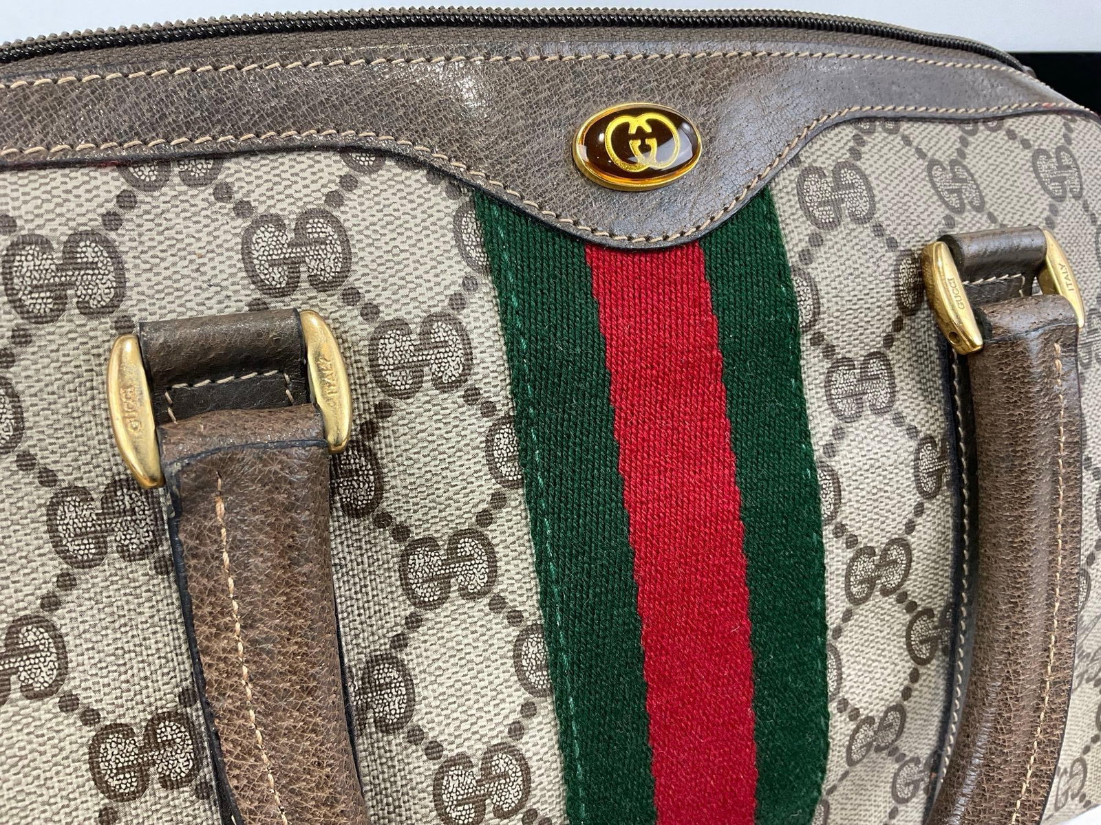 Vintage 70s-80s Gucci Boston Bag, Monogram Canvas Supreme Web Sherry Line, 8h x 13w x 6d inches - 2