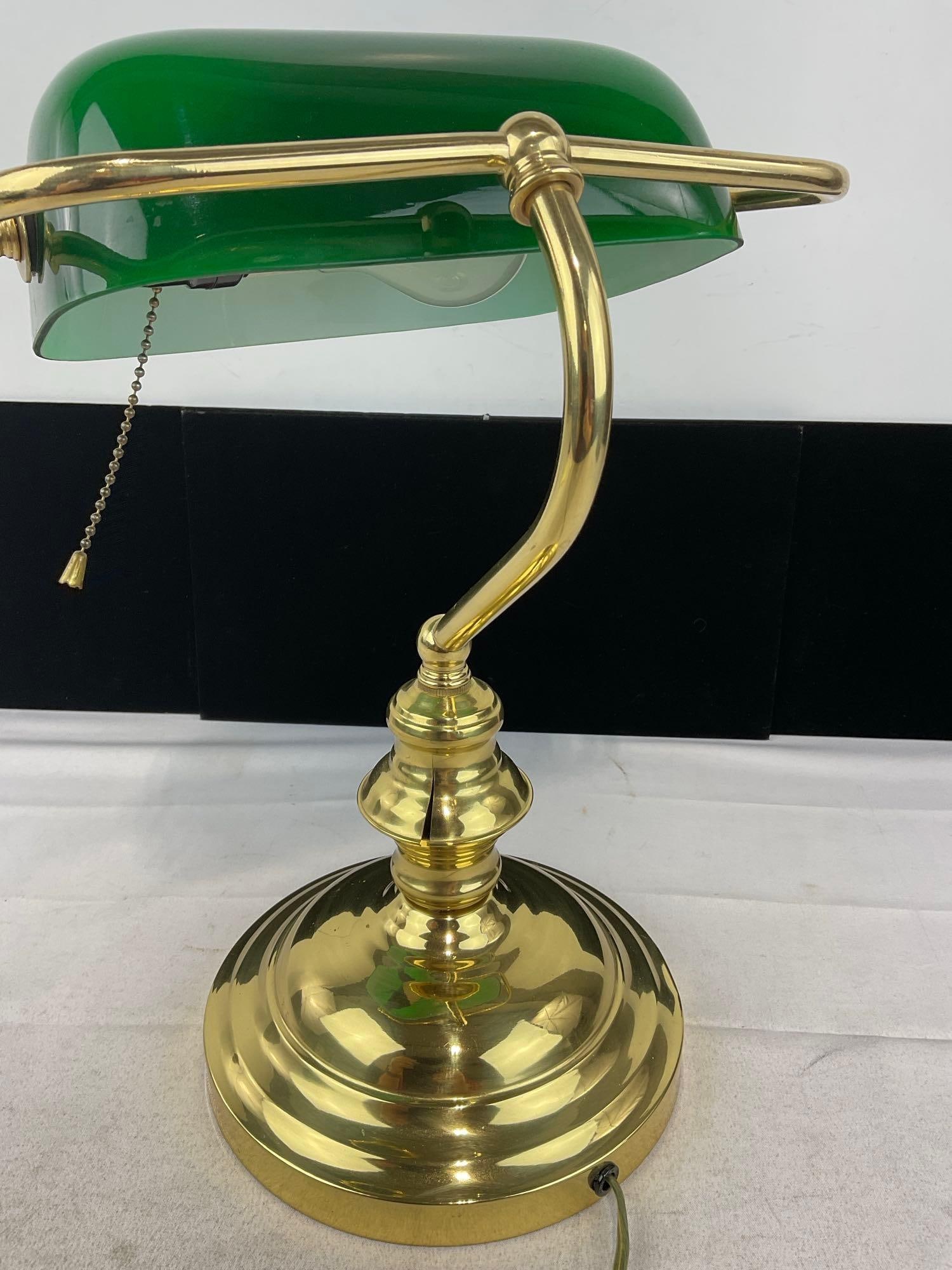 Green Glass Shade Banker Desk Lamp, Brass Base, Tested & working - 4