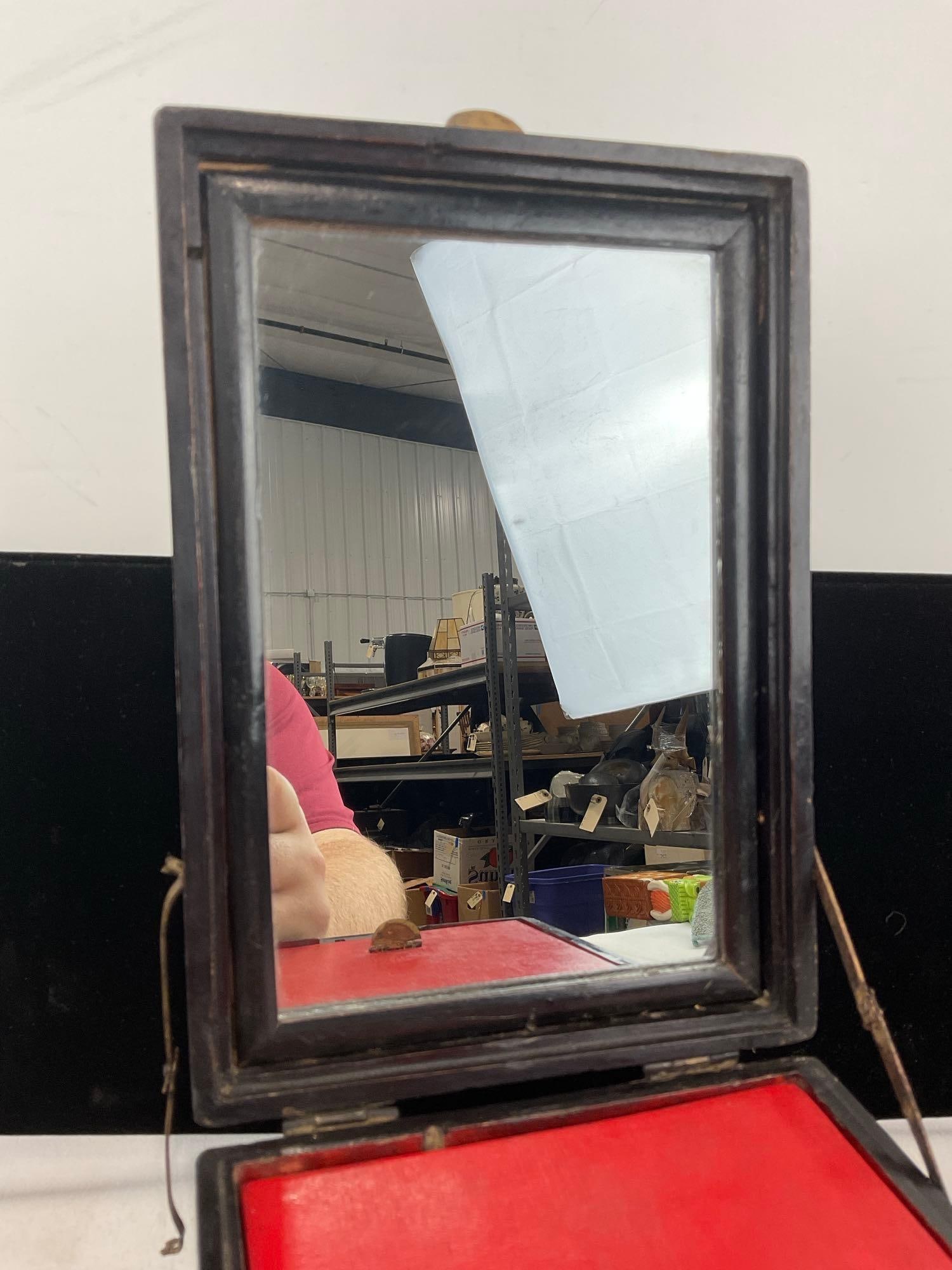 Vintage Chinese Travel Vanity & Jewelry Box, Folding Mirrors, Cosmetic organization inside, no key - 2