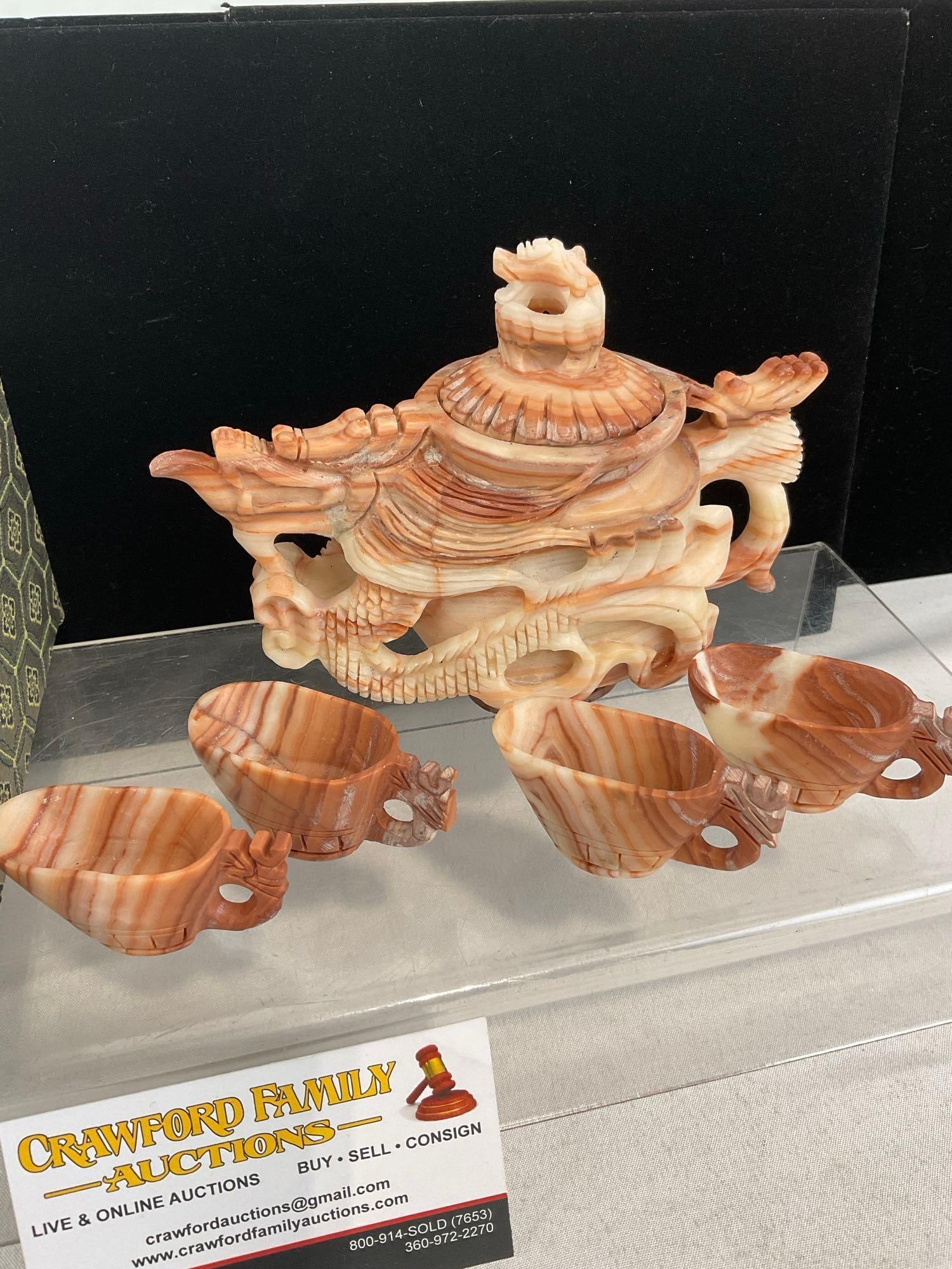 Vintage Handcarved Banded Onyx Dragon Teapot w/lid & 4 small cups, in box - 2