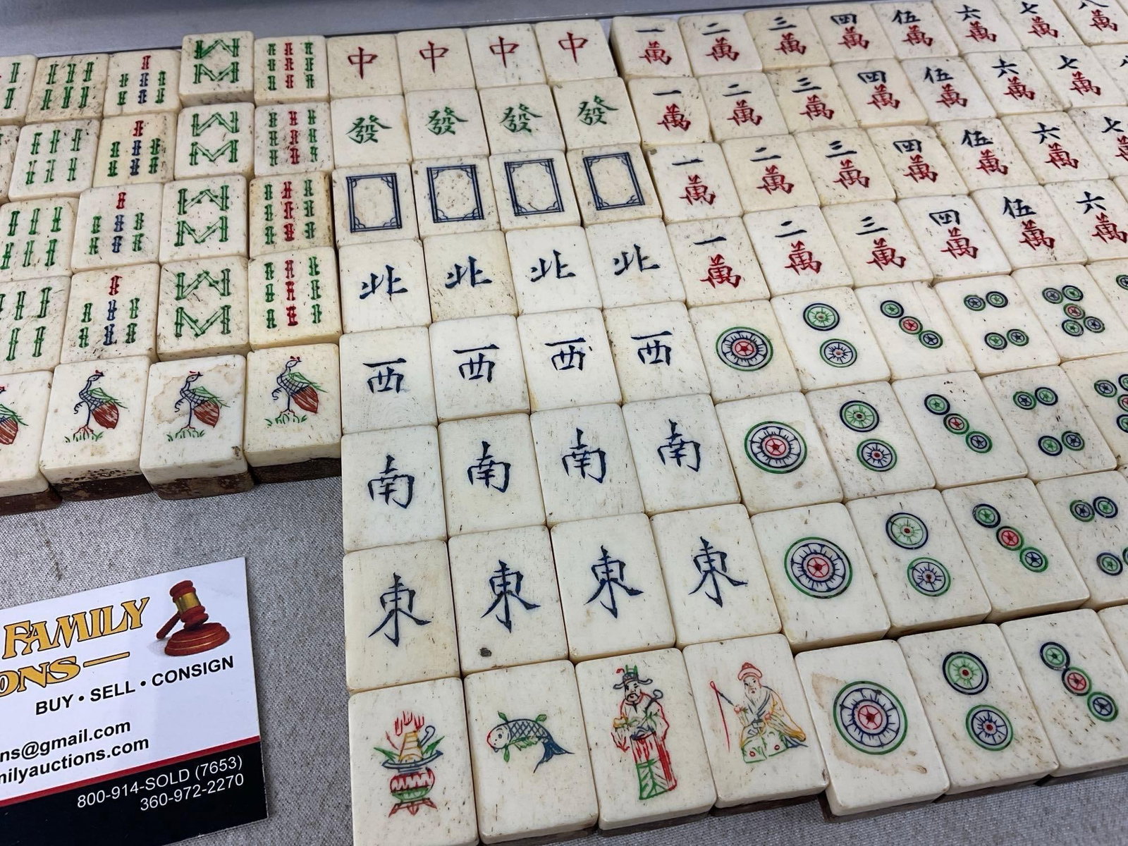Set of Bone & Bamboo Mahjong Tiles, 136 pieces, looks complete, w/Rosewood Handmade Case - 3