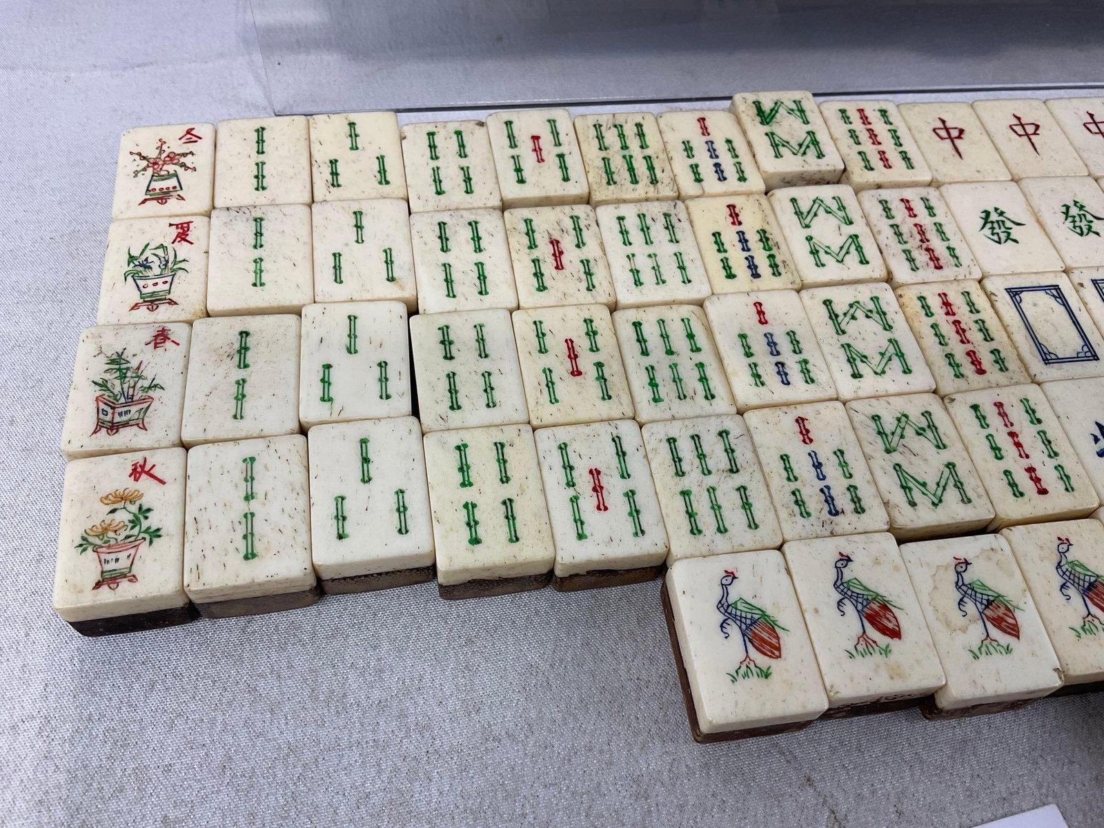 Set of Bone & Bamboo Mahjong Tiles, 136 pieces, looks complete, w/Rosewood Handmade Case - 4