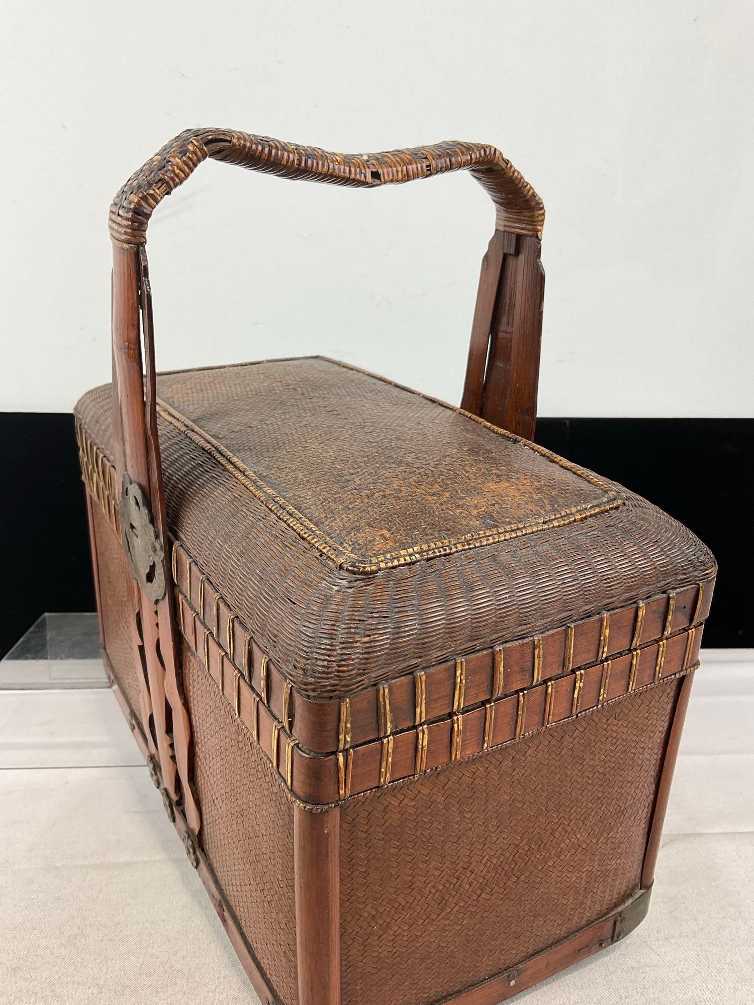 Antique Chinese Two-Tiered Wedding Basket, Bamboo & Rattan, w/metal bracing, 13x12x7 inches - 2
