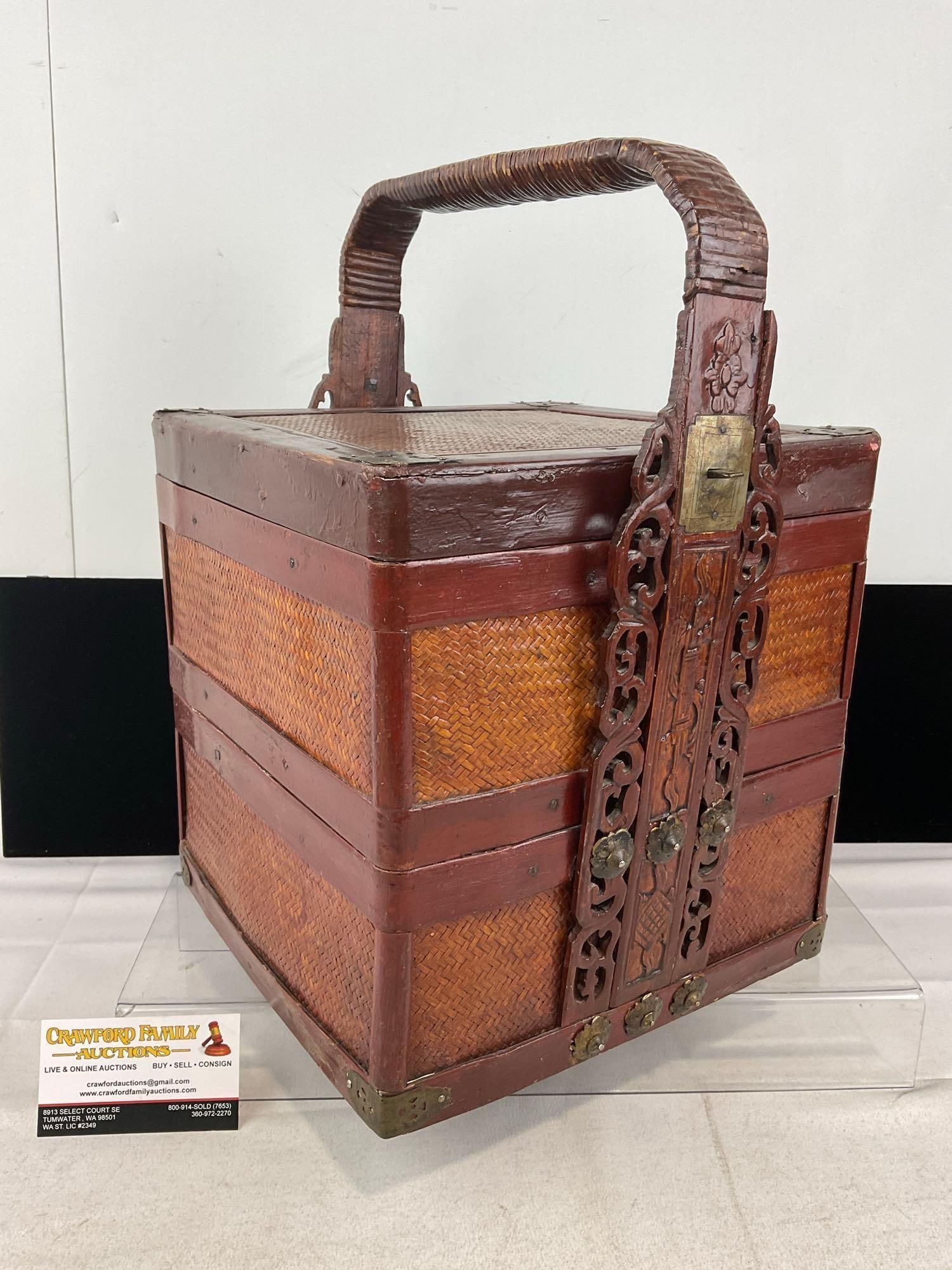 Antique Chinese Two-Tiered Wedding Basket, Bamboo & Rattan, 16x11x12 inches: Similar to the next few pieces. Appears to be in fair to good shape, some wear from over the years. The piece measures approx 16h x 11w x 12d inches. See pics. E-6200