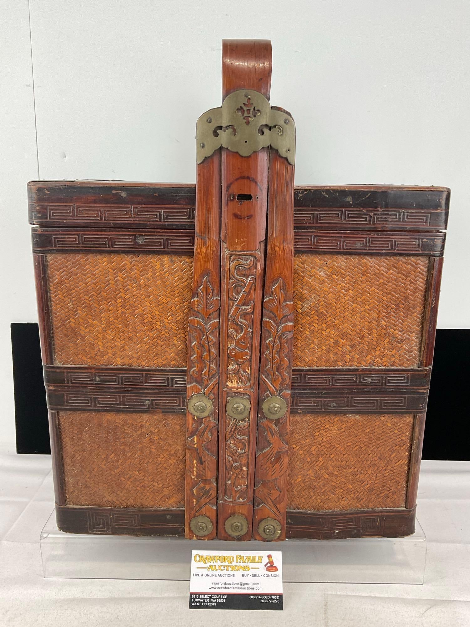 Antique Chinese Two-Tiered Wedding Basket, Bamboo & Rattan, 13x12x7 inches: Similar to the next few pieces. Appears to be in good shape, some wear from over the years. The piece measures approx 13h x 12w x 7d inches. See pics. E-6200