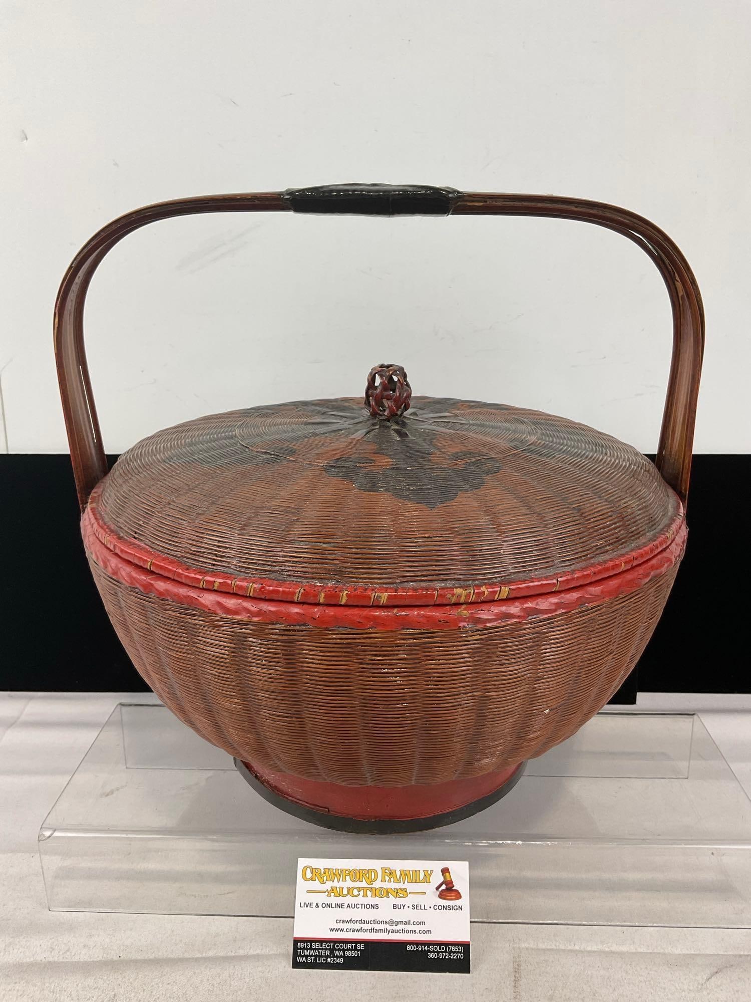 Antique Chinese Basket, w/Handle, Bamboo & Woven Rattan, Painted Black w/Red Eternal Knot, 14x14x14: Appears to be in good shape. The piece measures approx 14h x 14w x 14d inches. See pics. E-6200