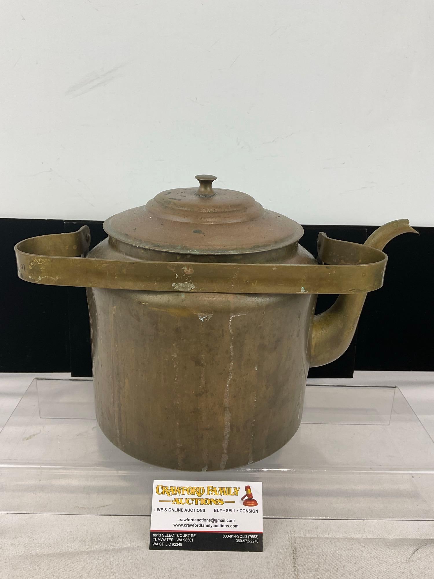 Antique Hand Forged Brass Tea Kettle, 9h x 14w x 9d inches: Appears to be in good shape. The piece measures approx 9h x 14w x 9d inches. See pics. E-6200