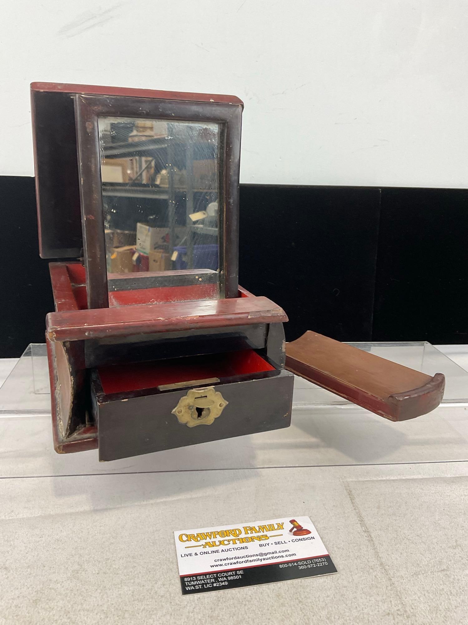 Antique Chinese Traveling Vanity, Book Shaped, Red & Black Lacquered, Mirror inside, Brass hardware: Appears to be in fair to good shape, some wear. The piece measures approx 4h x 9w x 7d inches. See pics. E-6200