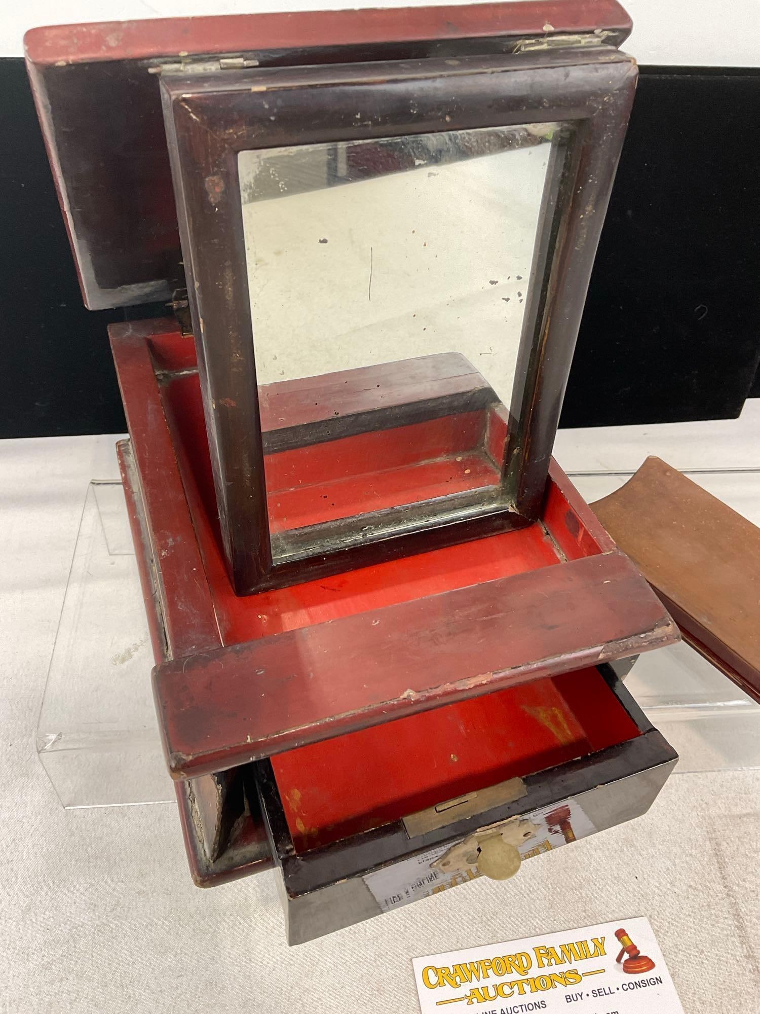 Antique Chinese Traveling Vanity, Book Shaped, Red & Black Lacquered, Mirror inside, Brass hardware - 2