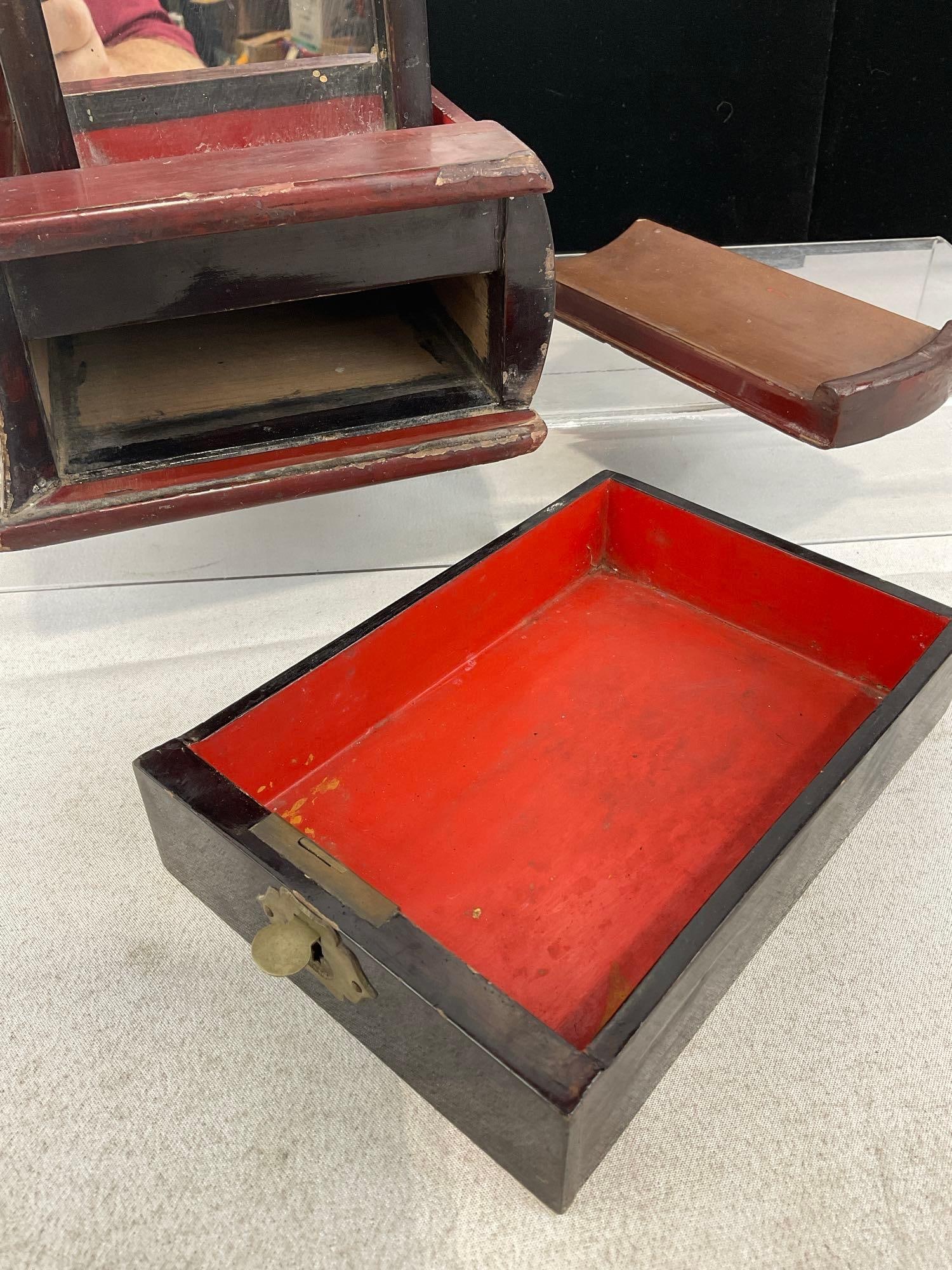 Antique Chinese Traveling Vanity, Book Shaped, Red & Black Lacquered, Mirror inside, Brass hardware - 3