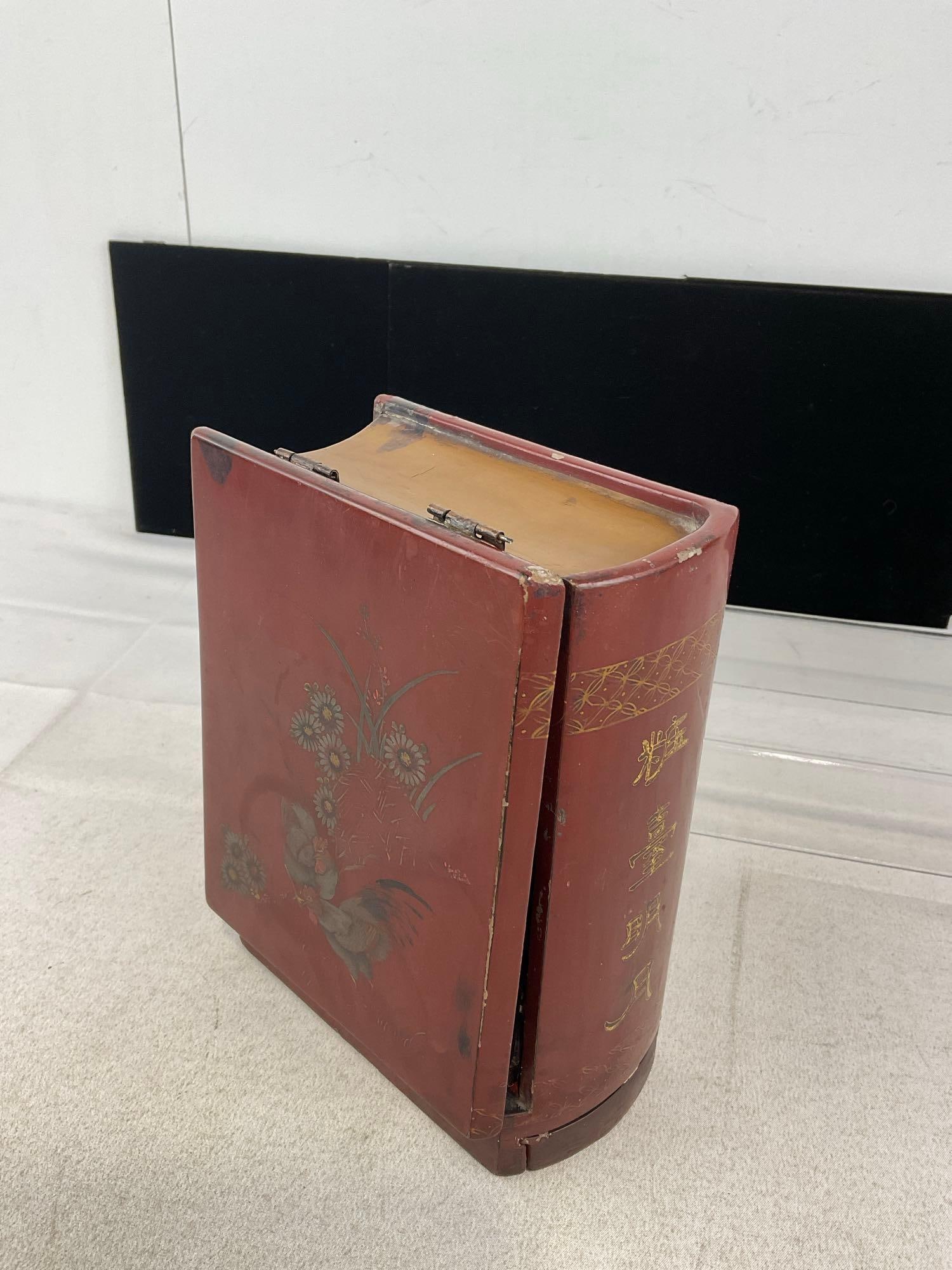 Antique Chinese Traveling Vanity, Book Shaped, Red & Black Lacquered, Mirror inside, Brass hardware - 5