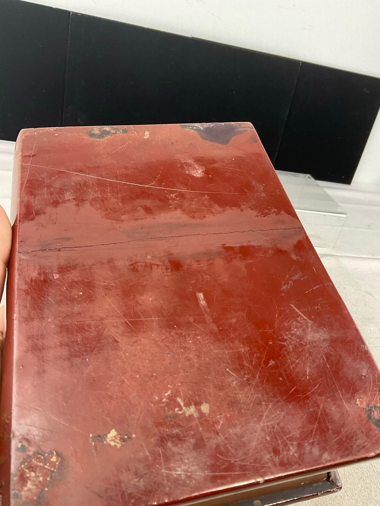 Antique Chinese Traveling Vanity, Book Shaped, Red & Black Lacquered, Mirror inside, Brass hardware - 7