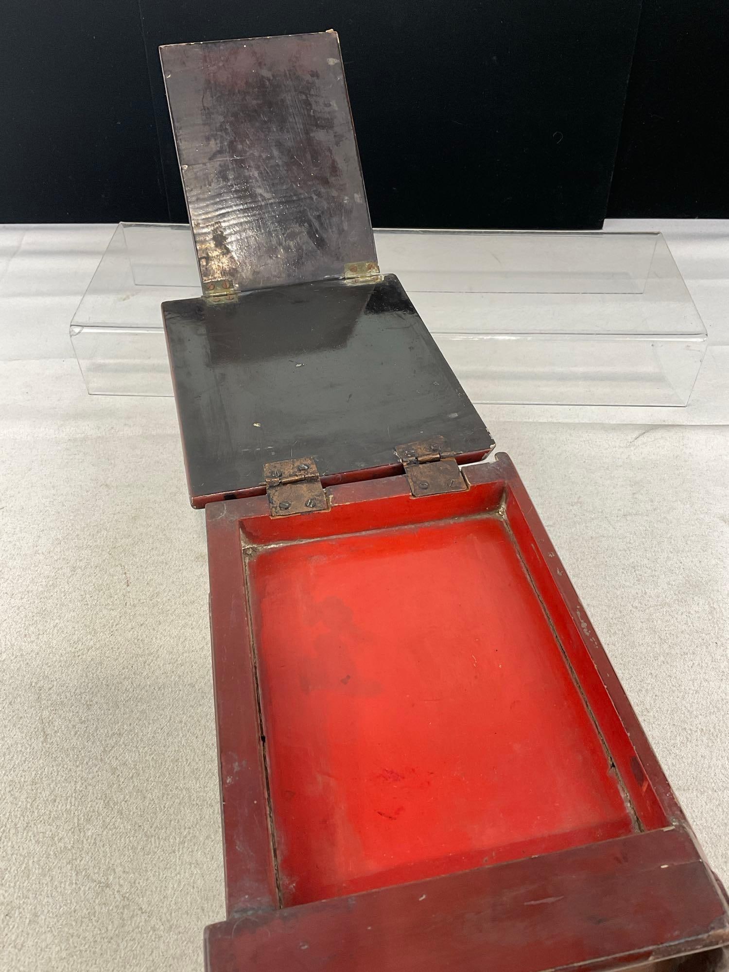 Antique Chinese Traveling Vanity, Book Shaped, Red & Black Lacquered, Mirror inside, Brass hardware - 8