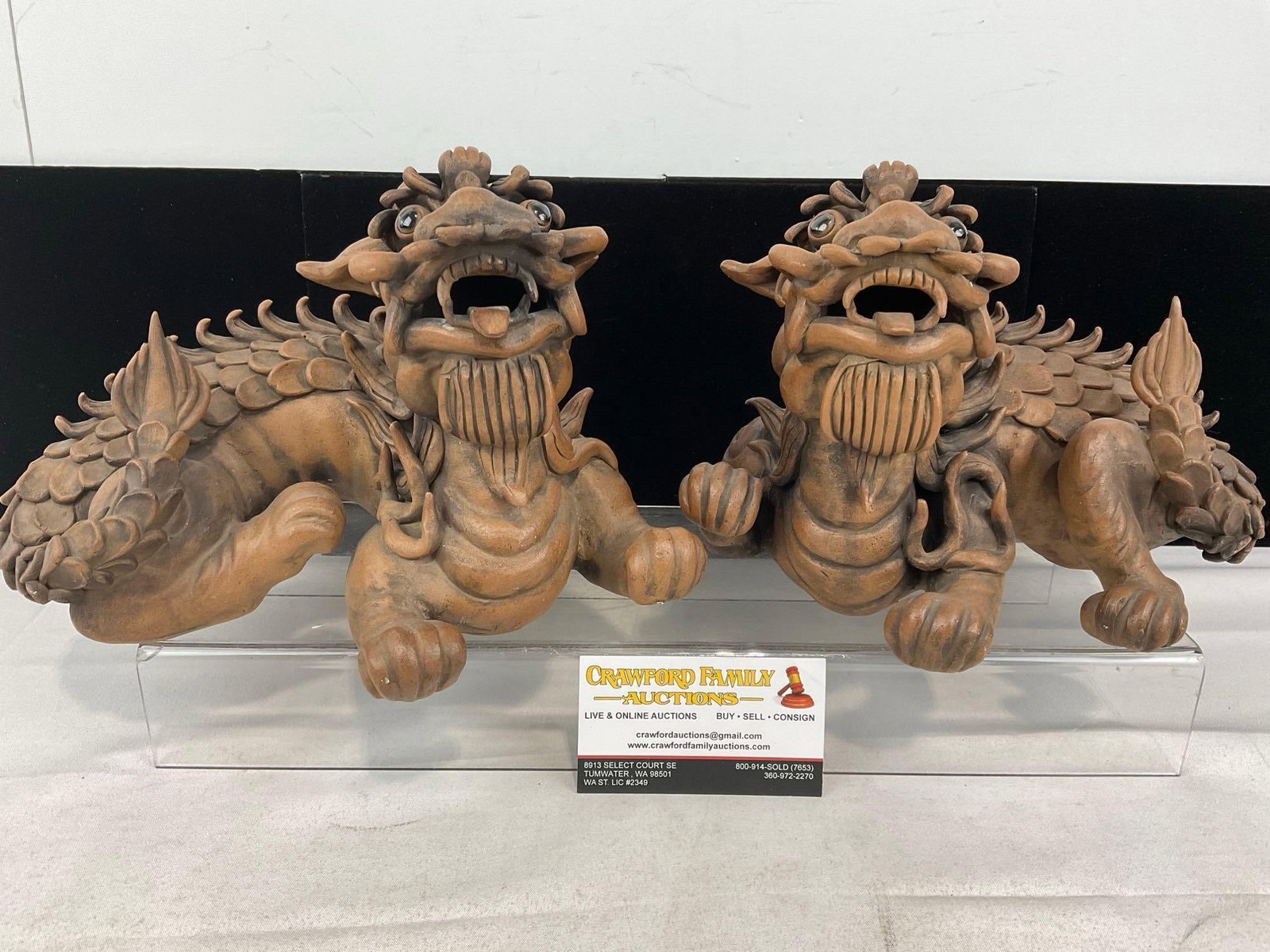 Pair of Antique Chinese Handmade Terracotta Foo Dog Guardian Figures, highly detailed: Appears to be in good shape. The piece measures approx 8h x 14w x 10d inches. See pics. E-6200
