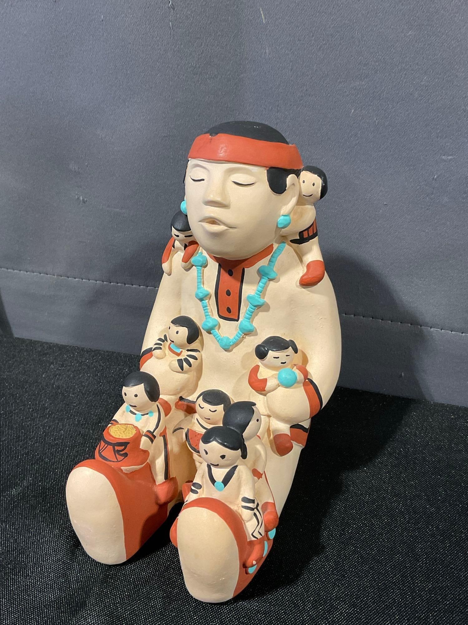 Vintage Handpainted Clay Storyteller Figurine, 1980s, SW Artist Cleo Teissedre, Native Am inspired: Appears to be in good shape. The piece measures approx 7h x 6w x 5d inches. See pics. E-5750