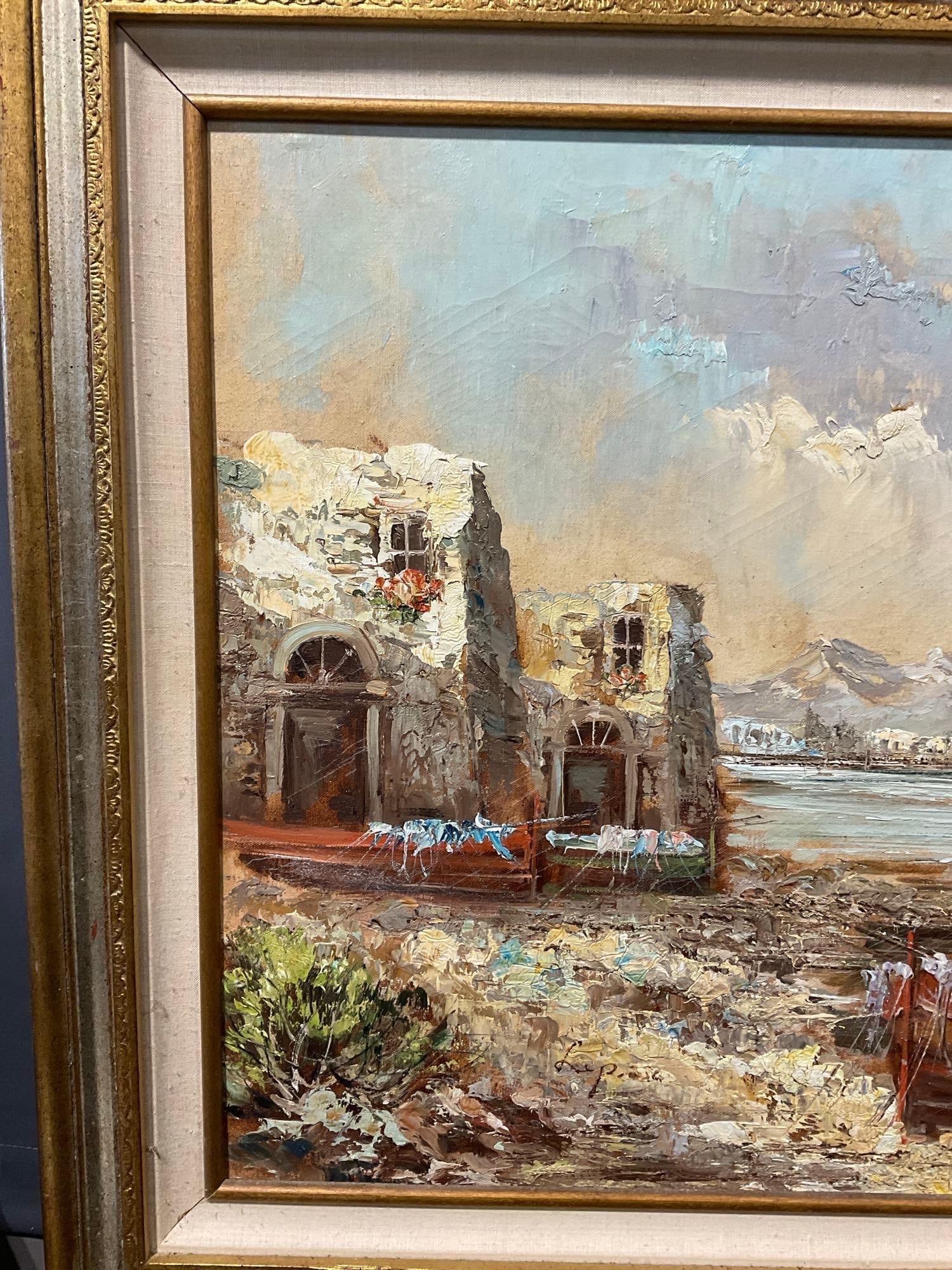 Large Framed Oil on Canvas, Signed by artist, Italian Beachside, Ruins & Fishing Boats, 33x56 inc... - 2