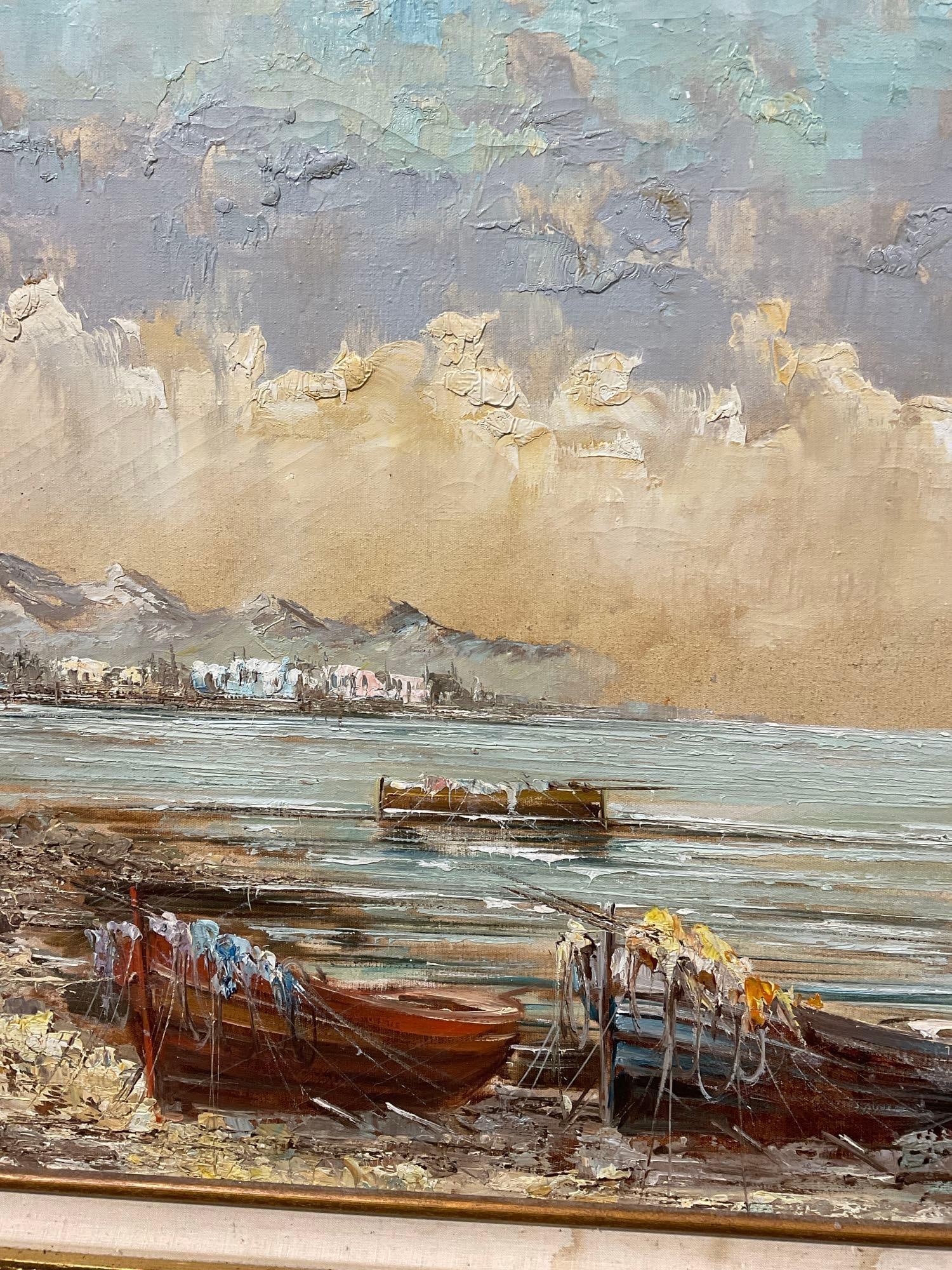 Large Framed Oil on Canvas, Signed by artist, Italian Beachside, Ruins & Fishing Boats, 33x56 inc... - 3