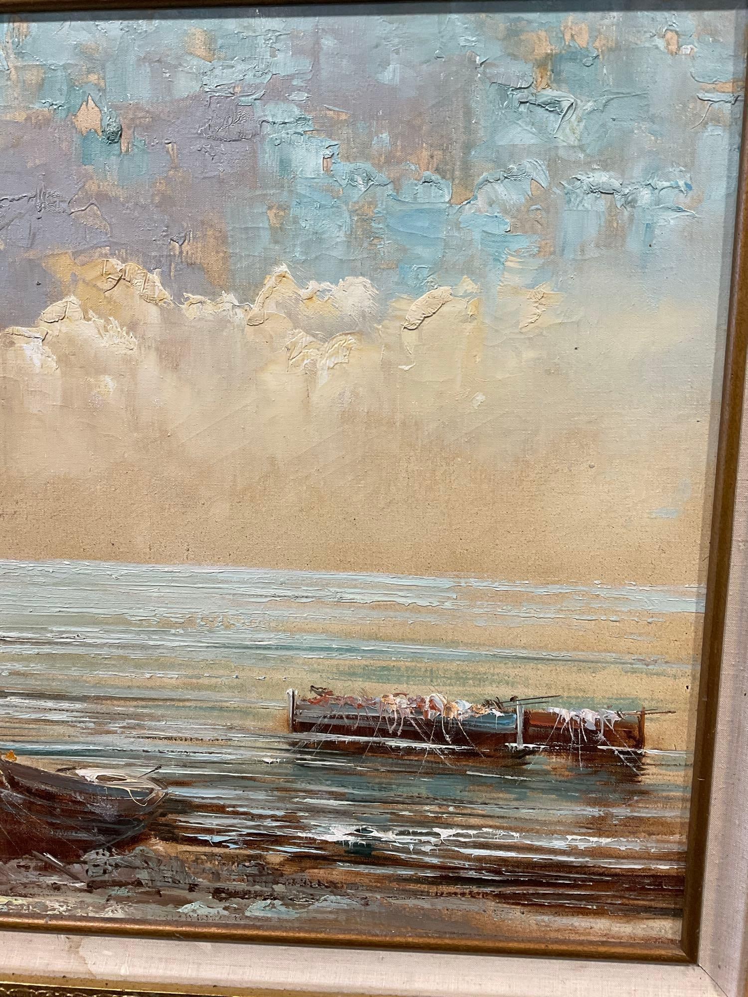 Large Framed Oil on Canvas, Signed by artist, Italian Beachside, Ruins & Fishing Boats, 33x56 inc... - 4