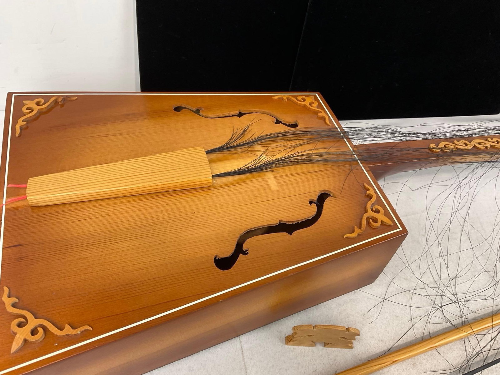 Morin Khuur, Traditional Mongolian Bowed String Instrument, box-shaped body, horse figural headst... - 2