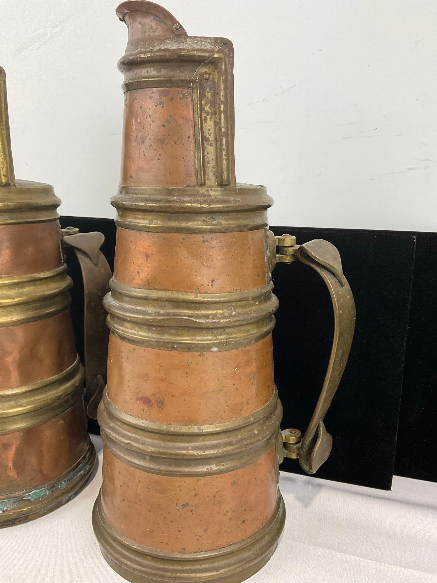 Pair of Traditional Mongolian Milk Tea Pots, Dombo, Hammered Copper & Brass Banded, 13 inches tall - 2