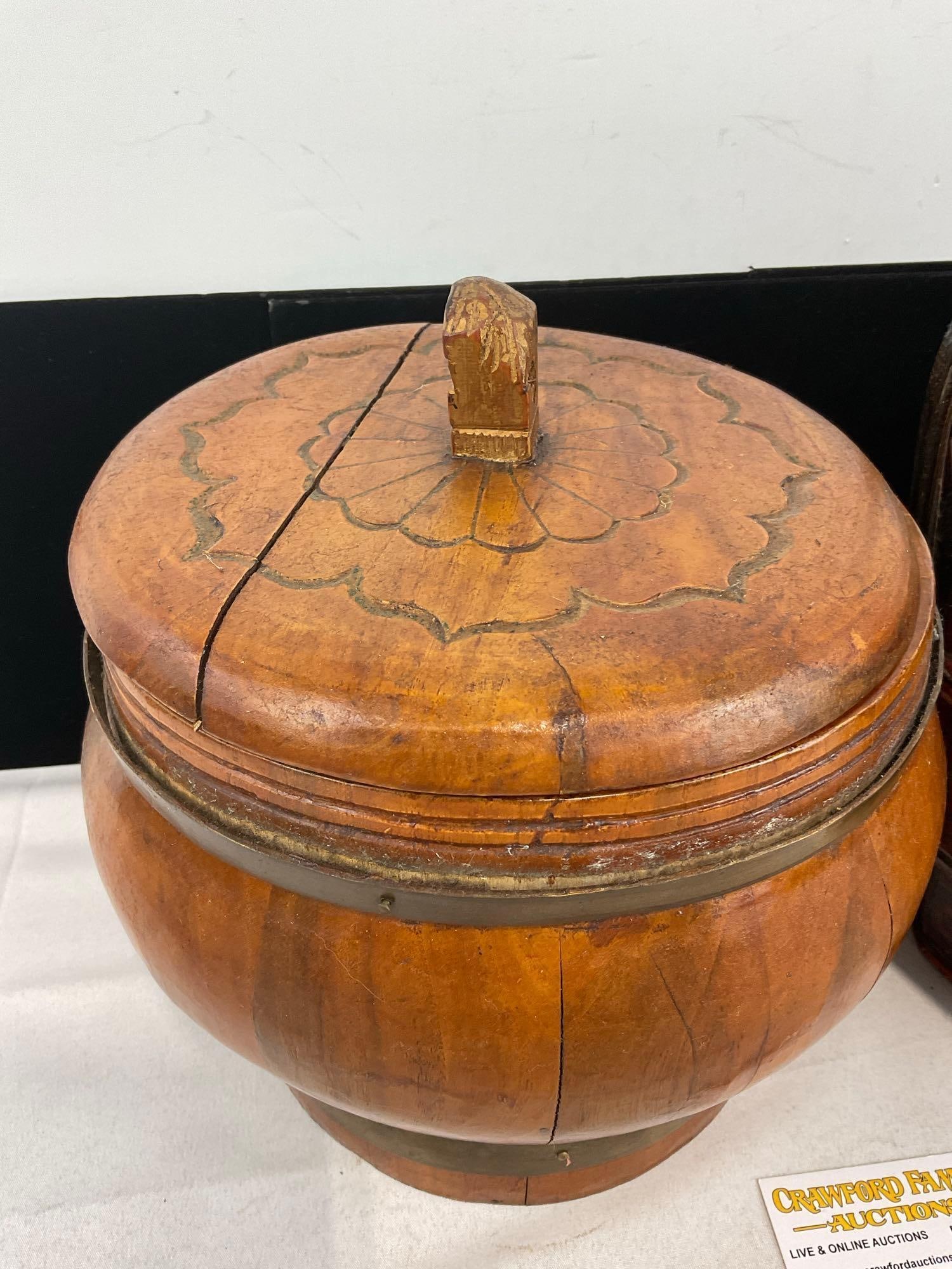 Vintage Chinese Wooden Rice Barrel & Antique Red/Black Octagonal Wedding Basket w/Handle - 2