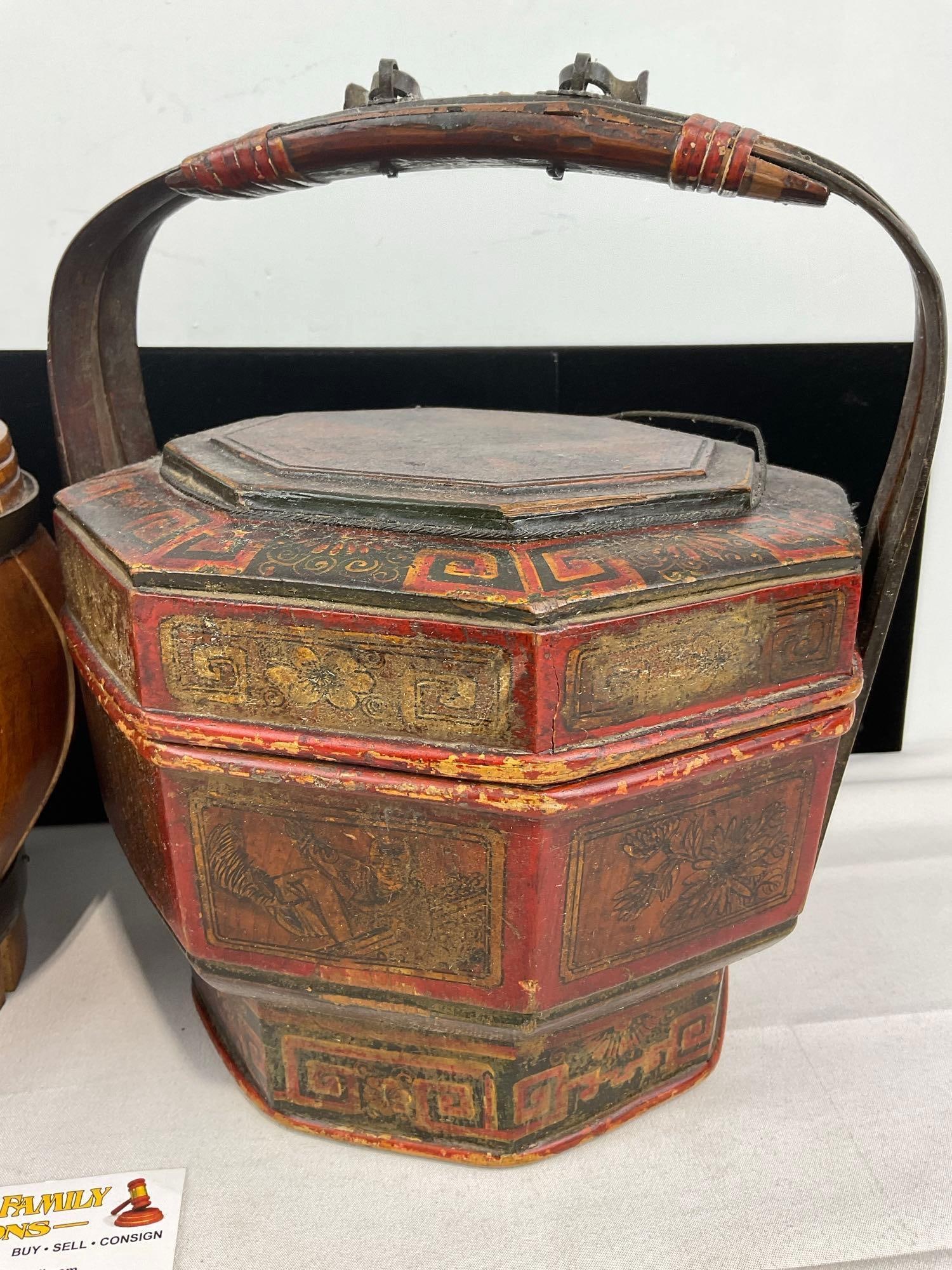 Vintage Chinese Wooden Rice Barrel & Antique Red/Black Octagonal Wedding Basket w/Handle - 3