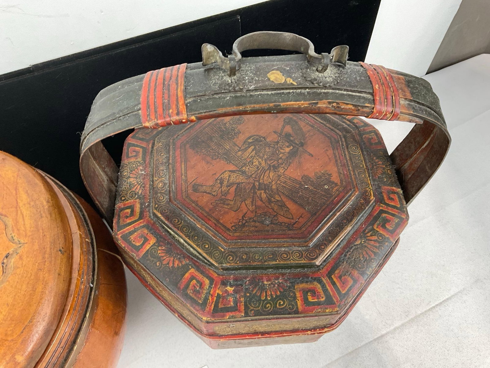 Vintage Chinese Wooden Rice Barrel & Antique Red/Black Octagonal Wedding Basket w/Handle - 4