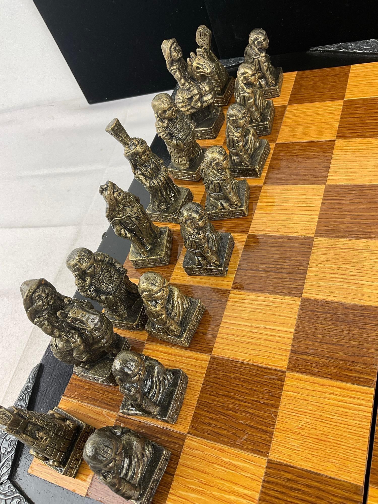 Chessboard w/full set of Resin Chessmen, Silver & Bronze tone, Mongol style figures, w/folding bo... - 3
