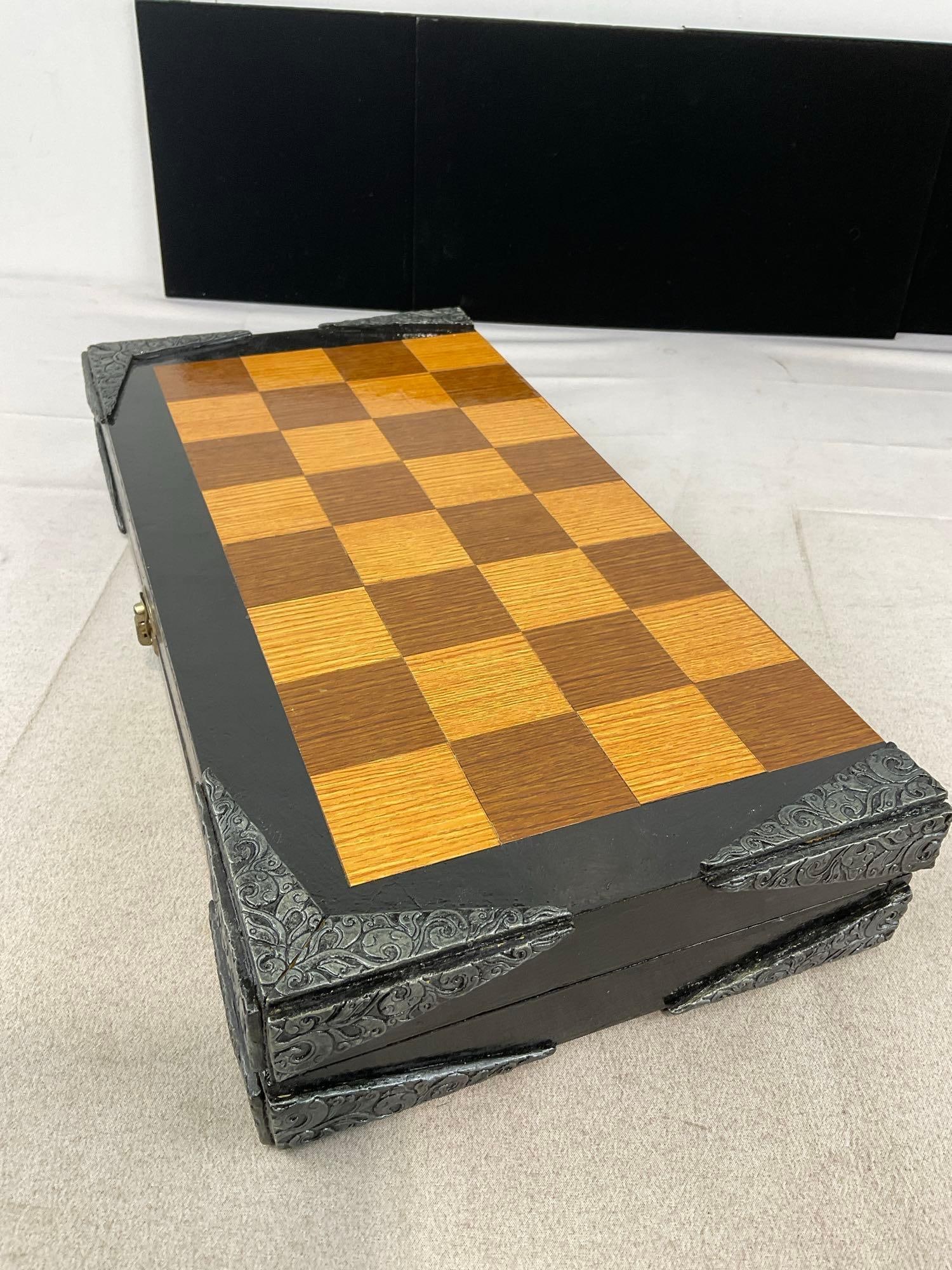 Chessboard w/full set of Resin Chessmen, Silver & Bronze tone, Mongol style figures, w/folding bo... - 7
