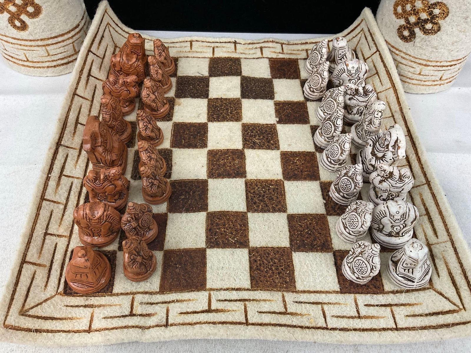 Vintage & Very Unique Handcrafted Mongolian Felt Chess Set, Full set of Baked Clay Chess Pieces - 2