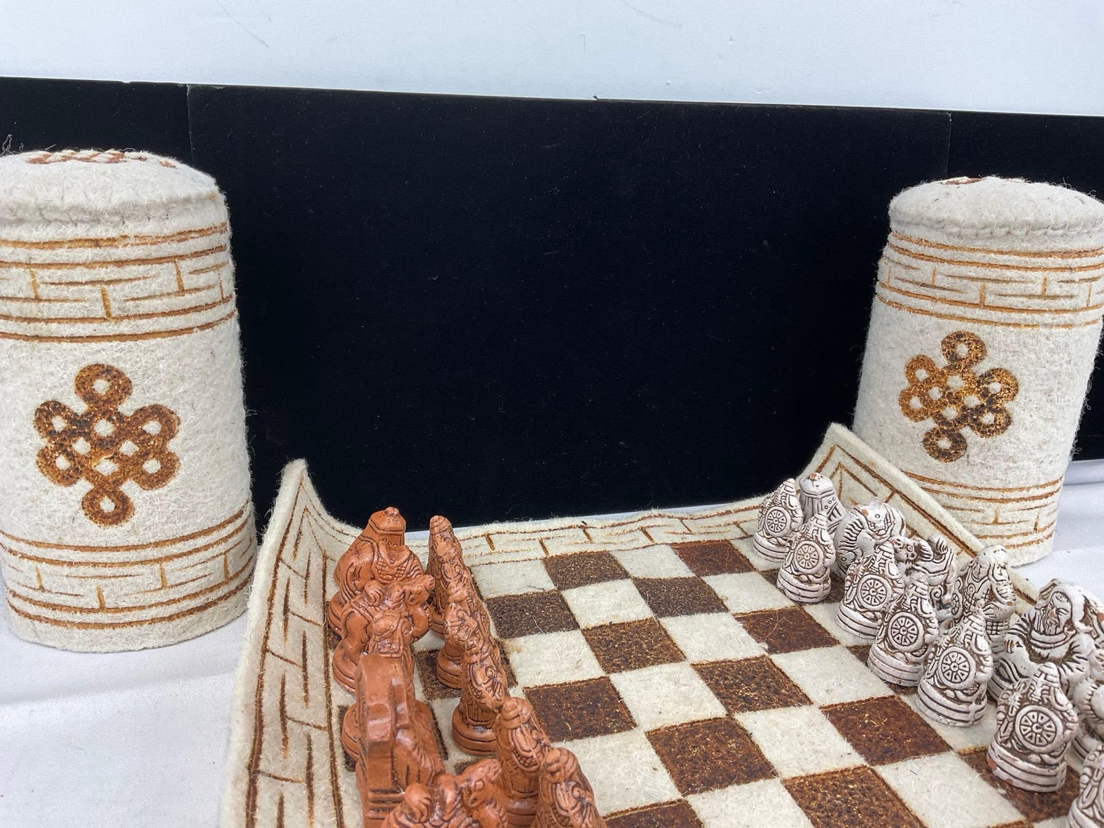 Vintage & Very Unique Handcrafted Mongolian Felt Chess Set, Full set of Baked Clay Chess Pieces - 3