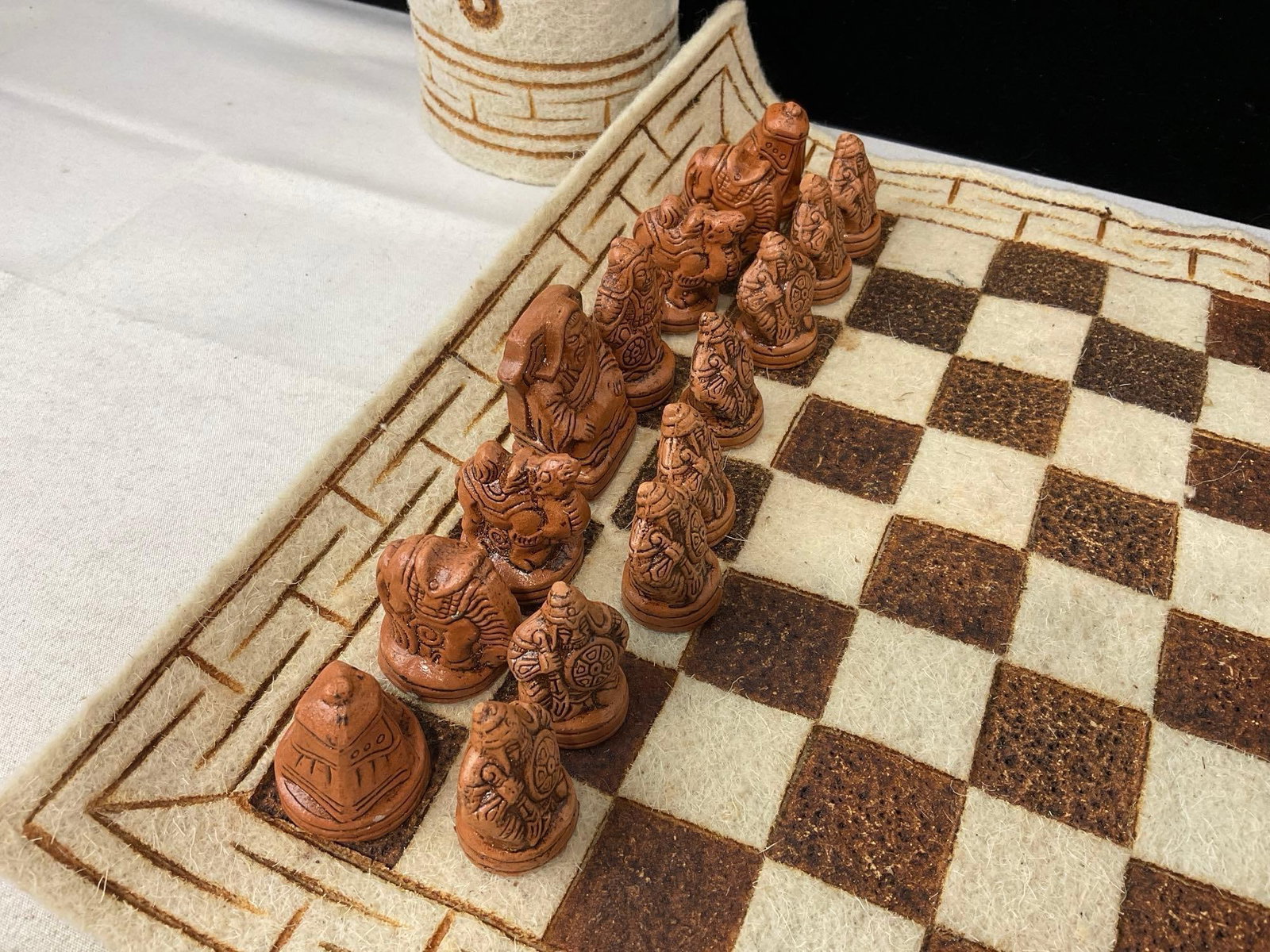Vintage & Very Unique Handcrafted Mongolian Felt Chess Set, Full set of Baked Clay Chess Pieces - 5