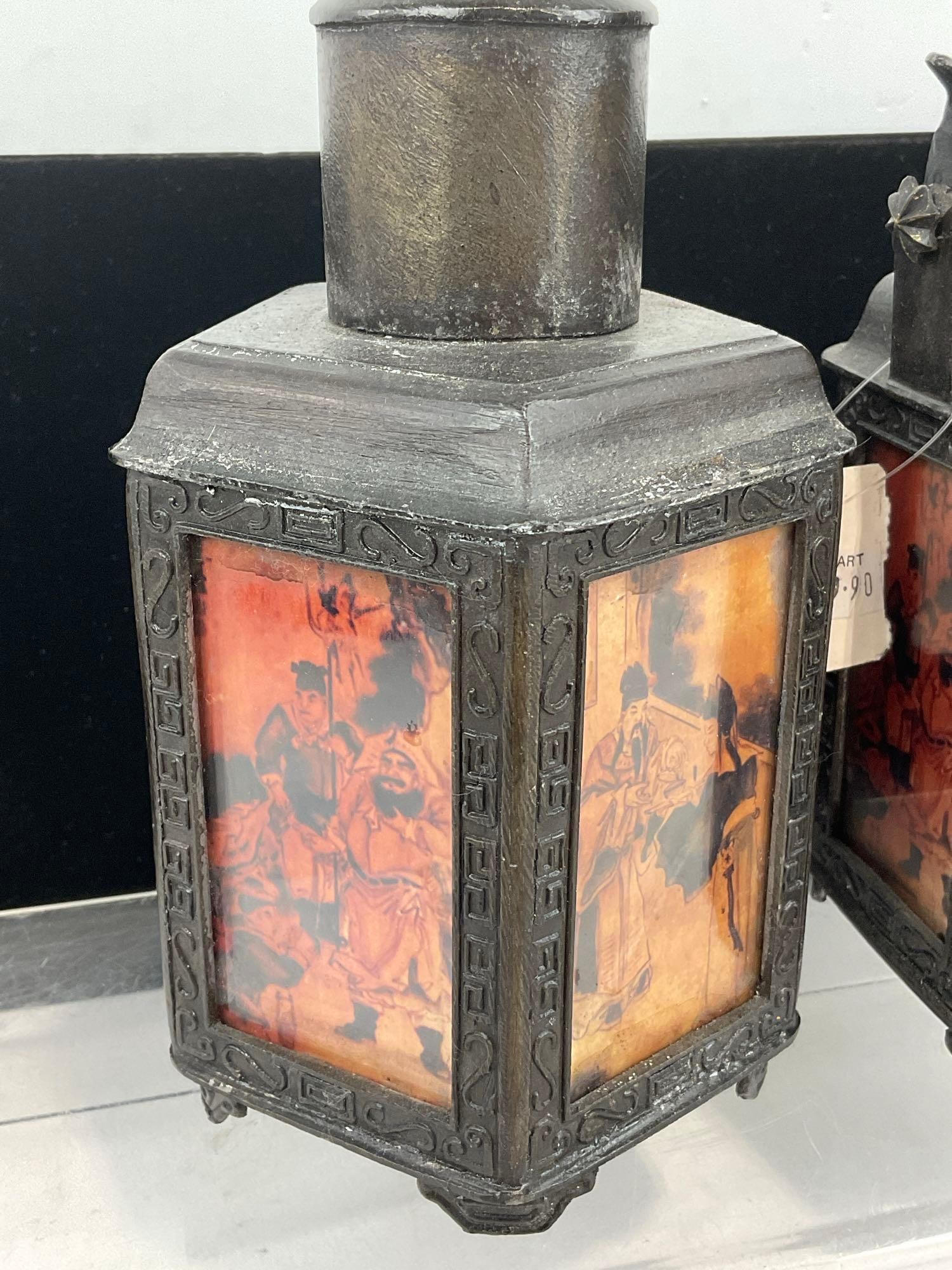 Early 20th Century Cast Bronze? Chinese Tea Caddy & Teapot, w/Handpainted Reverse Glass Panels - 2
