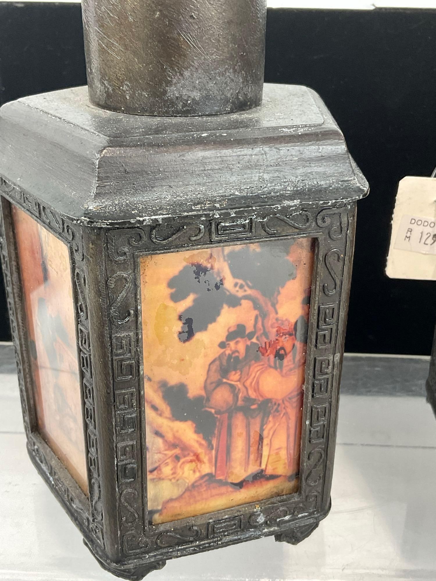 Early 20th Century Cast Bronze? Chinese Tea Caddy & Teapot, w/Handpainted Reverse Glass Panels - 3