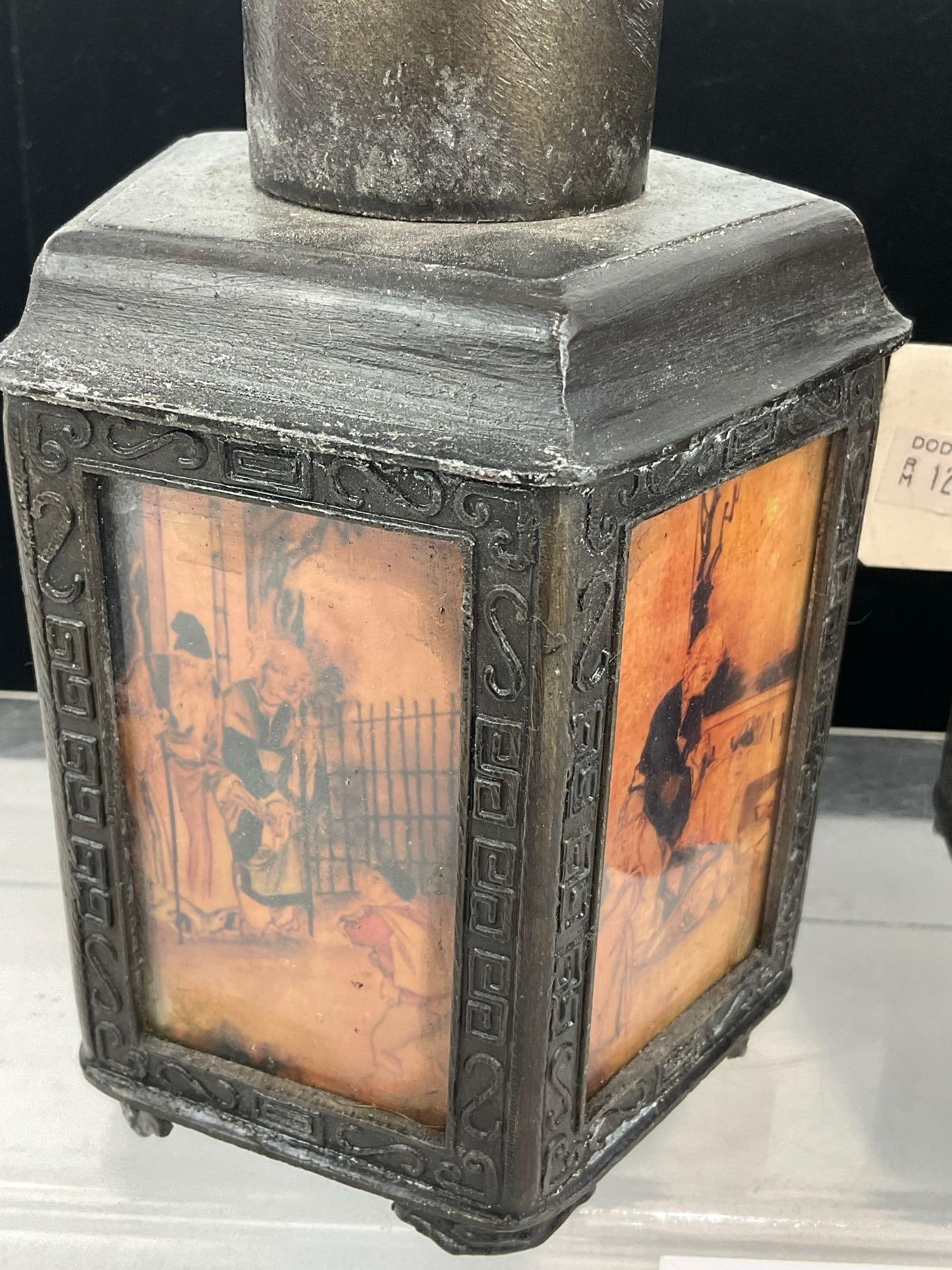 Early 20th Century Cast Bronze? Chinese Tea Caddy & Teapot, w/Handpainted Reverse Glass Panels - 4