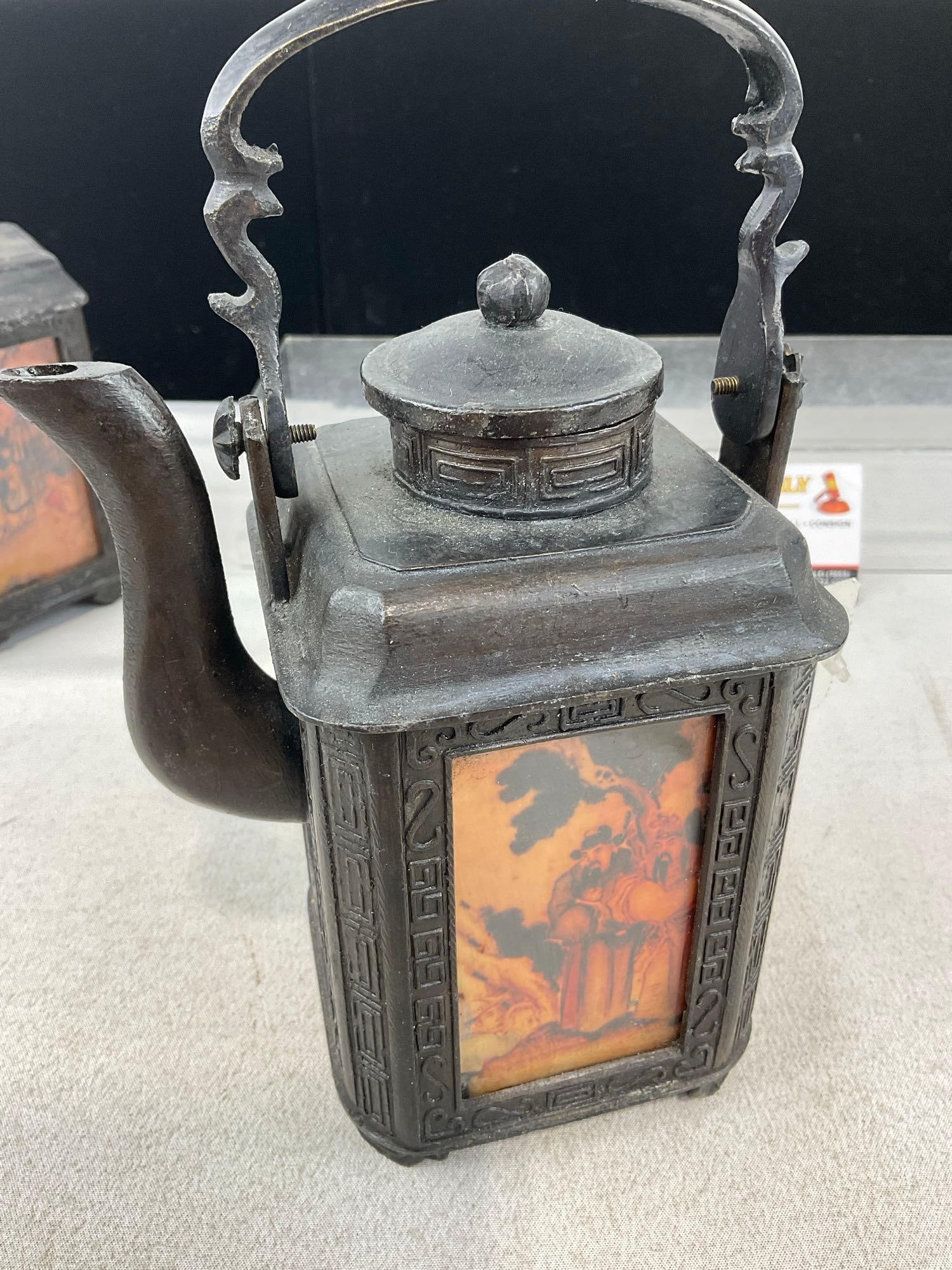 Early 20th Century Cast Bronze? Chinese Tea Caddy & Teapot, w/Handpainted Reverse Glass Panels - 7