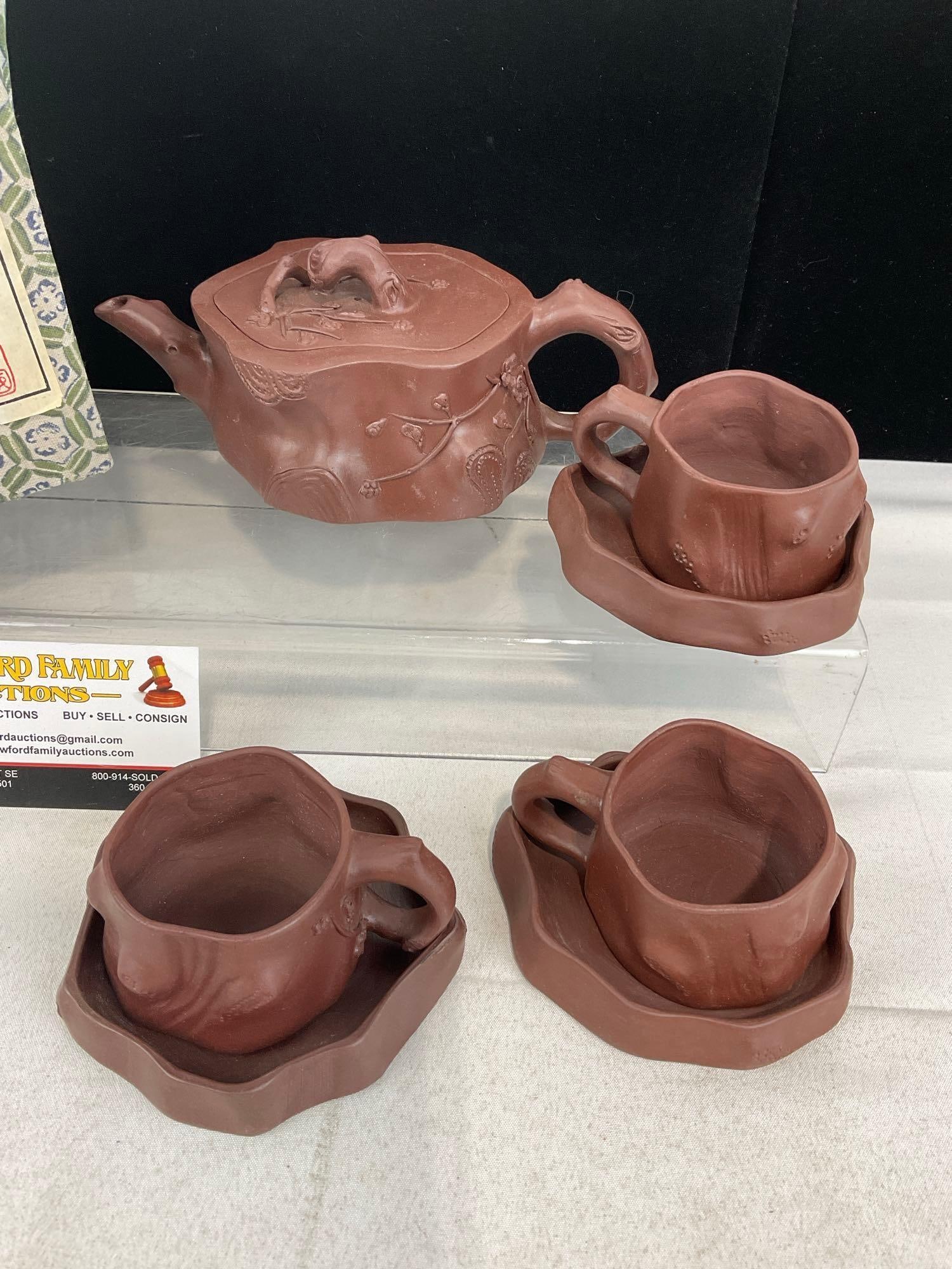 Vintage Chinese Red Clay Teapot & 3 Cups & 3 saucers, Yixing Zisha, Tree Trunk & Branch design w/... - 2