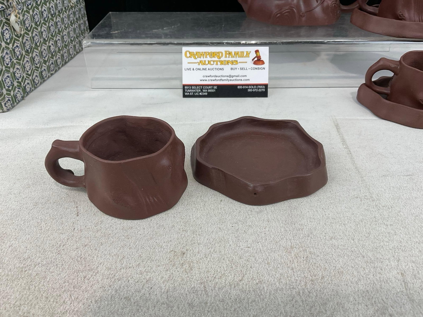 Vintage Chinese Red Clay Teapot & 3 Cups & 3 saucers, Yixing Zisha, Tree Trunk & Branch design w/... - 3