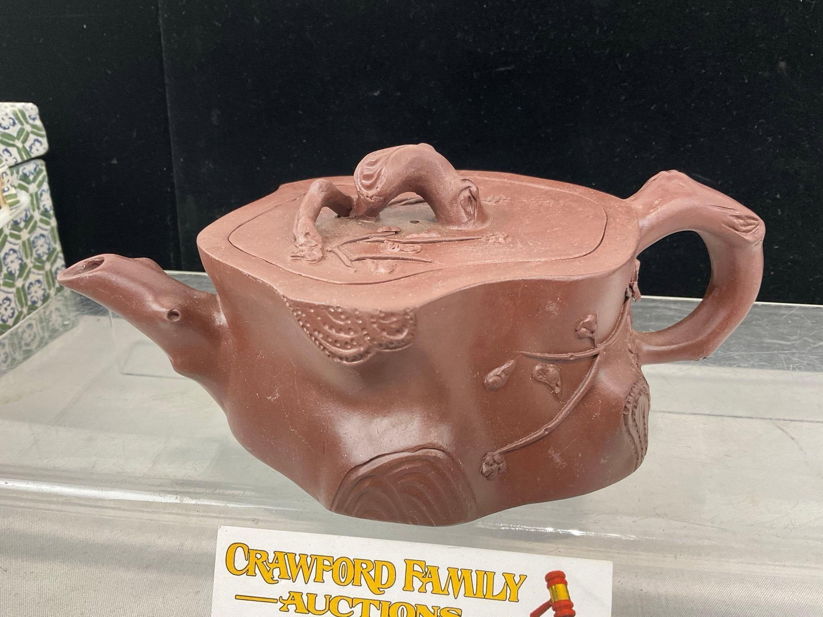 Vintage Chinese Red Clay Teapot & 3 Cups & 3 saucers, Yixing Zisha, Tree Trunk & Branch design w/... - 4