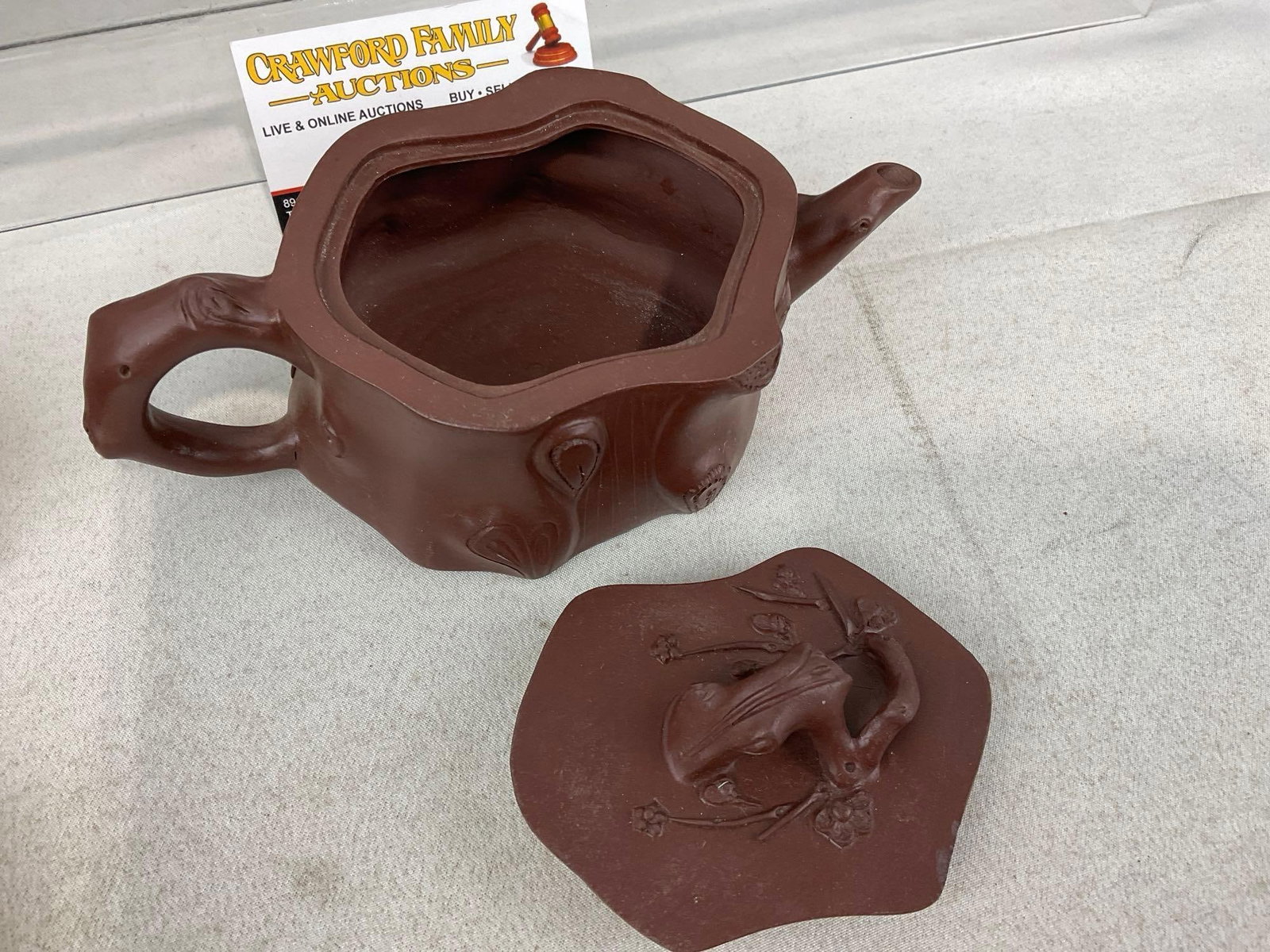 Vintage Chinese Red Clay Teapot & 3 Cups & 3 saucers, Yixing Zisha, Tree Trunk & Branch design w/... - 6