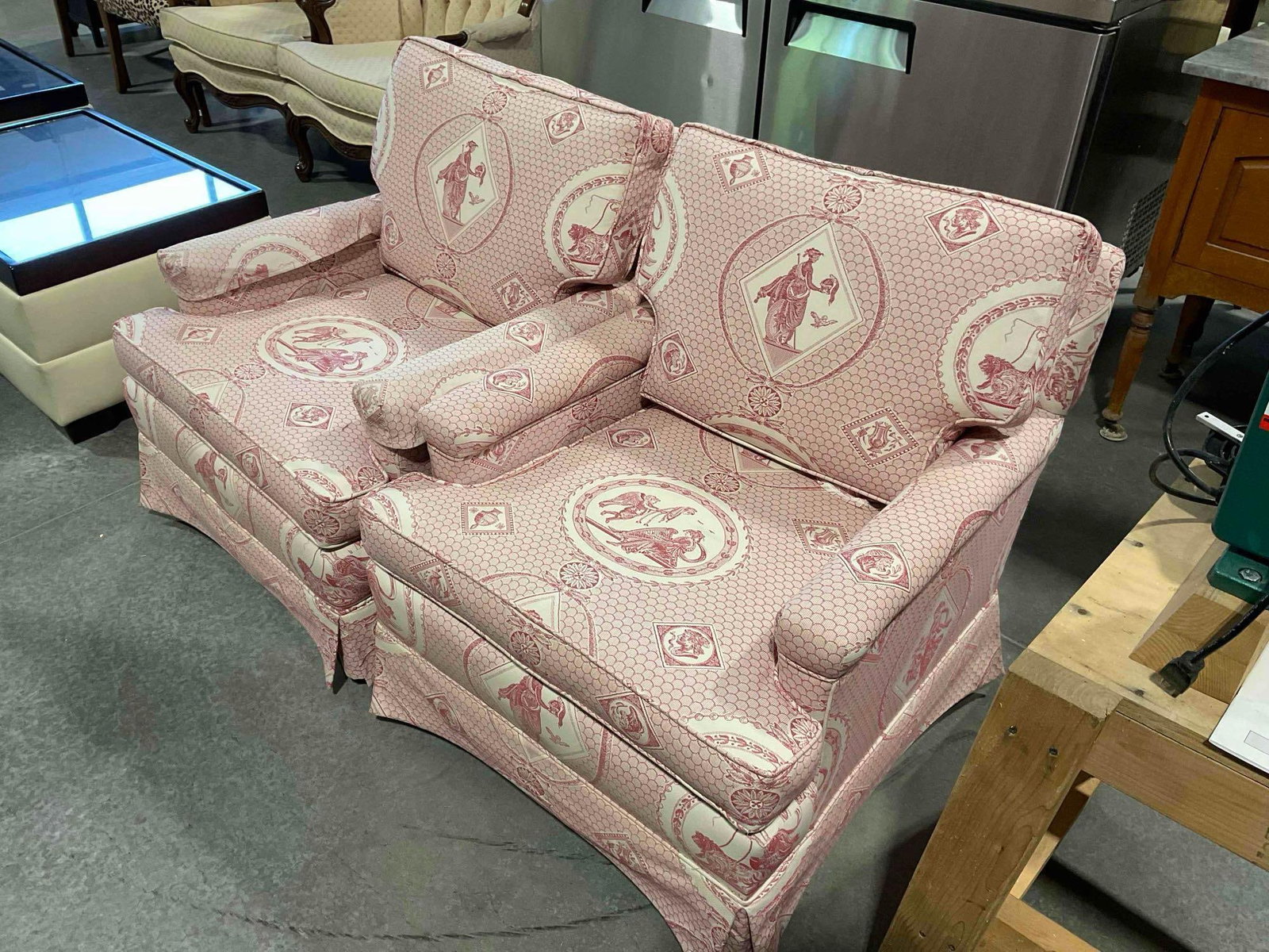 Pair of Kepler's Red & White Upholstered Arm Chairs w/ Neoclassical Motif. Good Condition. - 2