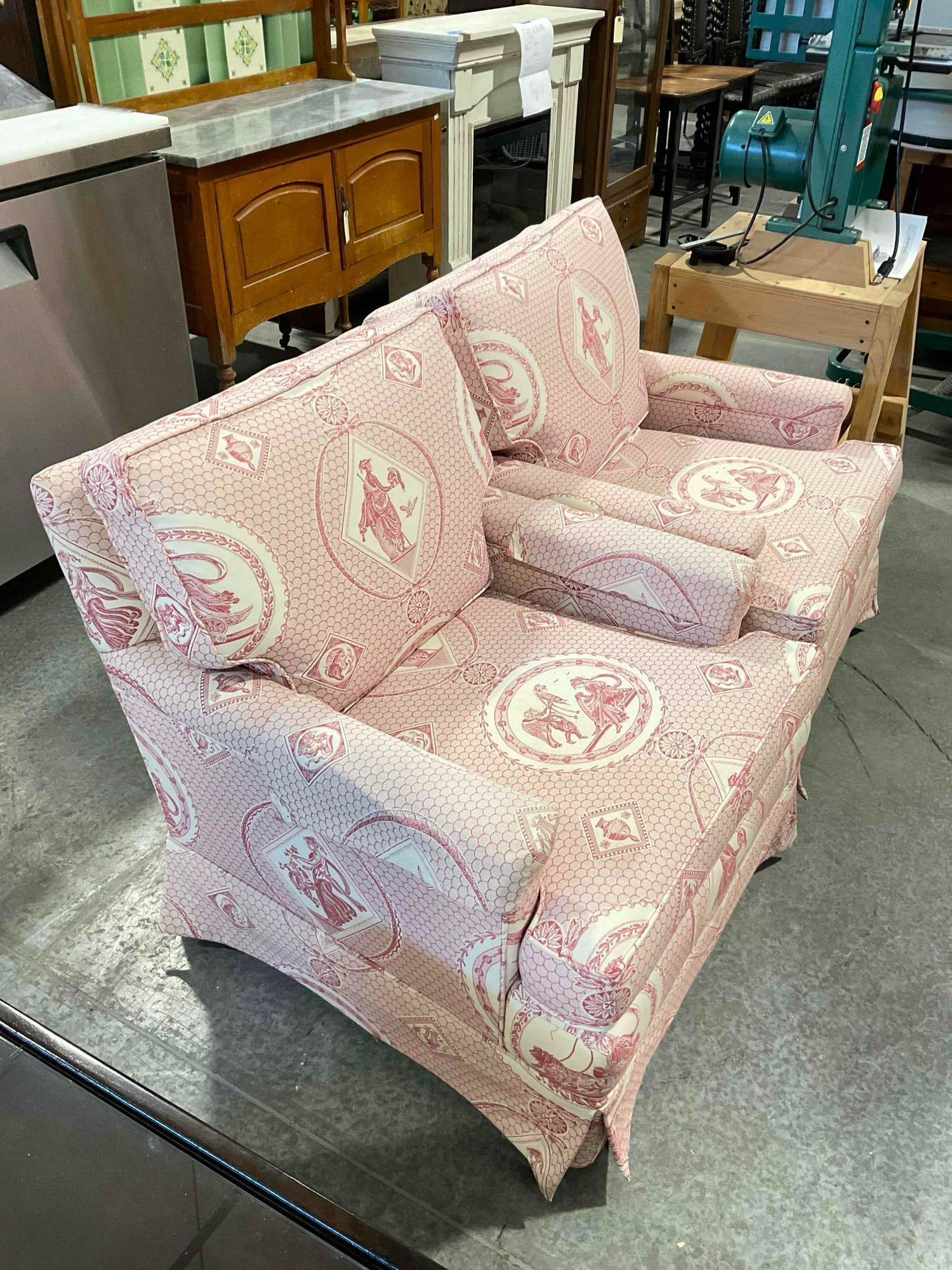 Pair of Kepler's Red & White Upholstered Arm Chairs w/ Neoclassical Motif. Good Condition. - 3